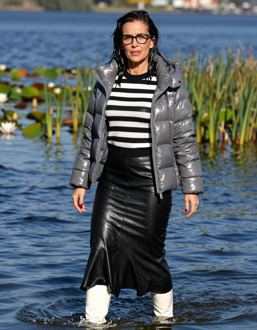 photo of young woman, in soaking wet, drenched clothes,
high-heeled white boots, black leather flared maxi skirt, shiny black & white striped sweater, maxi shiny gray down jacket, Swimming submerged in very deep sunny lake with water lilies and reeds, 
enjoying, wet clothes stuck to body,
detailed textures of the wet clothes, wet face, wet plastered hair,
wet, drenched, professional, high-quality details, full body view.
sharp focus, ultra-high pixel detail, realistic, high-quality, full colors, incredibly detailed, 4k, 8k, 16k, hyper-realistic, RAW photo, masterpiece, ultra-detailed, professionally color graded, professional photograph, europen brunette skinny woman 50 years old, long dark black hair, office glasses, very big and thick lips, complete body, wet skin, wet clothes, damp fabric, wet skin, wet clothes, damp fabric, wet skin, wet clothes, damp fabric, wet skin, wet clothes, damp fabric, wet skin, wet clothes, damp fabric, wet skin, wet clothes, damp fabric, wet skin, wet clothes, damp fabric