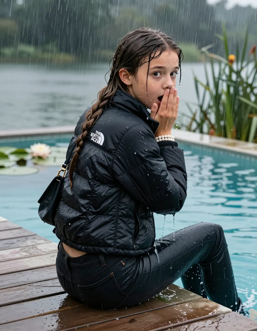 photo of young woman, in soaking wet, drenched clothes,
, Dark levis skinny jeans, Black North face puffer down jacket, tight v-neck sweater, shoulderbag, pearl necklace, bracelet, wristwatch, jetty by the lake with water lilies and reeds, 
enjoying, wet clothes stuck to body,
detailed textures of the wet clothes, wet face, wet plastered hair,
wet, drenched, professional, high-quality details, full body view.
sharp focus, ultra-high pixel detail, realistic, high-quality, full colors, incredibly detailed, 4k, 8k, 16k, hyper-realistic, RAW photo, masterpiece, ultra-detailed, professionally color graded, professional photograph, A realistic vertical fashion photograph taken from a backward, behind-the-back angle of a 12-year-old girl sitting  and slides into a glass-walled outdoor swimming pool, facing down to the camera to show her back. She is tilting her head at camera, letting the water drench her hair so it is glued flat against her head and body. She has Sleek long straight hair with braids, completely saturated and dripping wet hair, with water cascading down her face and neck. Afraid and astonished expression. cover her mouth with her hands. big eyes. The lighting is bright and cinematic, highlighting the glistening water droplets on her skin and the saturated texture of her  casual clothes. Outside the large glass wall of the pool building, heavy rain is visible falling against the window. Soft, moody indoor lighting with reflections on the water. High-quality fashion photography style.
her clothing is soaking wet and clinging tightly to her skin, showing heavy wet folds, darkened fabric texture, and deep water-saturated Patches, her clothes are heavy from the water, water runs from her body and her clothes in streams. A lot of water also runs out of her clothes. Her clothes are darkened by the water. 
hyper-realistic wetness, high-contrast water sheen, sharp focus, 16k resolution, professional photography, realistic water physics., wet skin, wet clothes, damp fabric., wet skin, wet clothes, damp fabric