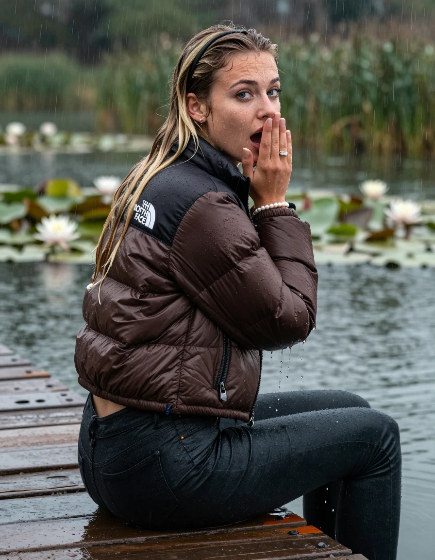 photo of young woman, in soaking wet, drenched clothes,
, tight Dark skinny jeans, brown north face puffer down jacket, Open jacket, tight v-neck sweater, shoulderbag, pearl necklace, bracelet, wristwatch,  jetty by the lake with water lilies and reeds, 
enjoying, wet clothes stuck to body,
detailed textures of the wet clothes, wet face, wet plastered hair,
wet, drenched, professional, high-quality details, full body view.
sharp focus, ultra-high pixel detail, realistic, high-quality, full colors, incredibly detailed, 4k, 8k, 16k, hyper-realistic, RAW photo, masterpiece, ultra-detailed, professionally color graded, professional photograph, A realistic vertical fashion photograph taken from a backward, behind-the-back angle of a 18-year-old teenage girl sitting on a jetty by the lake after diving in the water, facing to the camera to show her back. She is tilting her head at camera, letting the water drench her hair so it is glued flat against her head and body. She has two blonde sleek very long straight hair with hairband  , completely saturated and dripping wet hair, with water cascading down her face and neck. Afraid and astonished expression. cover her mouth with her hands. open mouth, big eyes. The lighting is bright and cinematic, highlighting the glistening water droplets on her skin and the saturated texture of her  casual clothes. Heavy rain is visible falling against her. Soft, moody indoor lighting with reflections on the water. High-quality fashion photography style.
her clothing is soaking wet and clinging tightly to her skin, showing heavy wet folds, darkened fabric texture, and deep water-saturated Patches, her clothes are heavy from the water, water runs from her body and her clothes in streams. A lot of water also runs out of her clothes. Her clothes are darkened by the water. 
hyper-realistic wetness, high-contrast water sheen, sharp focus, 16k resolution, professional photography, realistic water physics., wet skin, wet clothes, damp fabric, wet skin, wet clothes, damp fabric, wet skin, wet clothes, damp fabric, wet skin, wet clothes, damp fabric, wet skin, wet clothes, damp fabric, wet skin, wet clothes, damp fabric, wet skin, wet clothes, damp fabric, wet skin, wet clothes, damp fabric, wet skin, wet clothes, damp fabric, wet skin, wet clothes, damp fabric, wet skin, wet clothes, damp fabric, wet skin, wet clothes, damp fabric, wet skin, wet clothes, damp fabric, wet skin, wet clothes, damp fabric, wet skin, wet clothes, damp fabric, wet skin, wet clothes, damp fabric, wet skin, wet clothes, damp fabric, wet skin, wet clothes, damp fabric, wet skin, wet clothes, damp fabric, wet skin, wet clothes, damp fabric