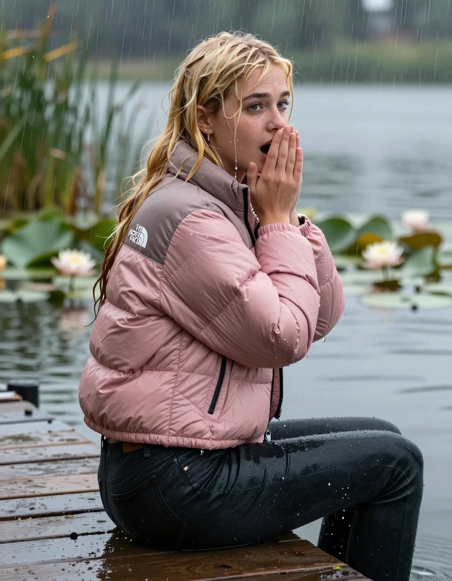 photo of young woman, in soaking wet, drenched clothes,
, tight Dark skinny jeans, pink north face puffer down jacket, Open jacket, tight v-neck sweater, shoulderbag, pearl necklace, bracelet, wristwatch,  jetty by the lake with water lilies and reeds, 
enjoying, wet clothes stuck to body,
detailed textures of the wet clothes, wet face, wet plastered hair,
wet, drenched, professional, high-quality details, full body view.
sharp focus, ultra-high pixel detail, realistic, high-quality, full colors, incredibly detailed, 4k, 8k, 16k, hyper-realistic, RAW photo, masterpiece, ultra-detailed, professionally color graded, professional photograph, A realistic vertical fashion photograph taken from a backward, behind-the-back angle of a young 15-years-old teenage girl sitting on a jetty by the lake after diving in the water, facing to the camera to show her back. She is tilting her head at camera, letting the water drench her hair so it is glued flat against her head and body. She has two blonde sleek very long straight hair with birkin bangs, completely saturated and dripping wet hair, with water cascading down her face and neck. Afraid and astonished expression. cover her mouth with her hands. open mouth, big eyes. The lighting is bright and cinematic, highlighting the glistening water droplets on her skin and the saturated texture of her  casual clothes. Heavy rain is visible falling against her. Soft, moody indoor lighting with reflections on the water. High-quality fashion photography style.
her clothing is soaking wet and clinging tightly to her skin, showing heavy wet folds, darkened fabric texture, and deep water-saturated Patches, her clothes are heavy from the water, water runs from her body and her clothes in streams. A lot of water also runs out of her clothes. Her clothes are darkened by the water. 
hyper-realistic wetness, high-contrast water sheen, sharp focus, 16k resolution, professional photography, realistic water physics., wet skin, wet clothes, damp fabric, wet skin, wet clothes, damp fabric, wet skin, wet clothes, damp fabric, wet skin, wet clothes, damp fabric, wet skin, wet clothes, damp fabric, wet skin, wet clothes, damp fabric, wet skin, wet clothes, damp fabric, wet skin, wet clothes, damp fabric, wet skin, wet clothes, damp fabric, wet skin, wet clothes, damp fabric, wet skin, wet clothes, damp fabric, wet skin, wet clothes, damp fabric, wet skin, wet clothes, damp fabric, wet skin, wet clothes, damp fabric, wet skin, wet clothes, damp fabric, wet skin, wet clothes, damp fabric, wet skin, wet clothes, damp fabric, wet skin, wet clothes, damp fabric, wet skin, wet clothes, damp fabric