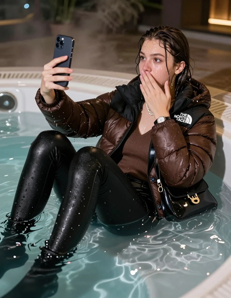 photo of young woman, in soaking wet, drenched clothes,
black pumps , Tight black leatherleggings, Brown north face puffer down jacket, tight v-neck sweater, shoulderbag, pearl necklace, bracelet, wristwatch, Steaming indoor jacuzzi at night, warm lightning, 
enjoying, wet clothes stuck to body,
detailed textures of the wet clothes, wet face, wet plastered hair,
wet, drenched, professional, high-quality details, full body view.
sharp focus, ultra-high pixel detail, realistic, high-quality, full colors, incredibly detailed, 4k, 8k, 16k, hyper-realistic, RAW photo, masterpiece, ultra-detailed, professionally color graded, professional photograph, A realistic vertical fashion photograph of a 15-year-old teenage girl lying half submerged into the water of a steaming indoor jacuzzi, facing away to show her back. She is tilting her head at camera, letting the water drench her hair so it is glued flat against her head and body. She has sleek long straight hair completely saturated and dripping wet hair, with water cascading down her face and neck. surprised expression. She hold a hand over her mouth and nose and take a selfie with her smartphone. open mouth, half closed eyes eyes. she soaked her handbag in the water. The lighting is bright and cinematic, highlighting the glistening water droplets on her skin and the saturated texture of her  casual clothes. Soft, moody indoor lighting with reflections on the water. High-quality fashion photography style.
her clothing is soaking wet and clinging tightly to her skin, showing heavy wet folds, darkened fabric texture, and deep water-saturated Patches, her clothes are heavy from the water, water runs from her body and her clothes in streams. A lot of water also runs out of her clothes. Her clothes are darkened by the water. 
hyper-realistic wetness, high-contrast water sheen, sharp focus, 16k resolution, professional photography, realistic water physics., wet skin, wet clothes, damp fabric, wet skin, wet clothes, damp fabric, wet skin, wet clothes, damp fabric, wet skin, wet clothes, damp fabric, wet skin, wet clothes, damp fabric, wet skin, wet clothes, damp fabric, wet skin, wet clothes, damp fabric, wet skin, wet clothes, damp fabric, wet skin, wet clothes, damp fabric, wet skin, wet clothes, damp fabric, wet skin, wet clothes, damp fabric, wet skin, wet clothes, damp fabric, wet skin, wet clothes, damp fabric, wet skin, wet clothes, damp fabric, wet skin, wet clothes, damp fabric, wet skin, wet clothes, damp fabric, wet skin, wet clothes, damp fabric, wet skin, wet clothes, damp fabric, wet skin, wet clothes, damp fabric
