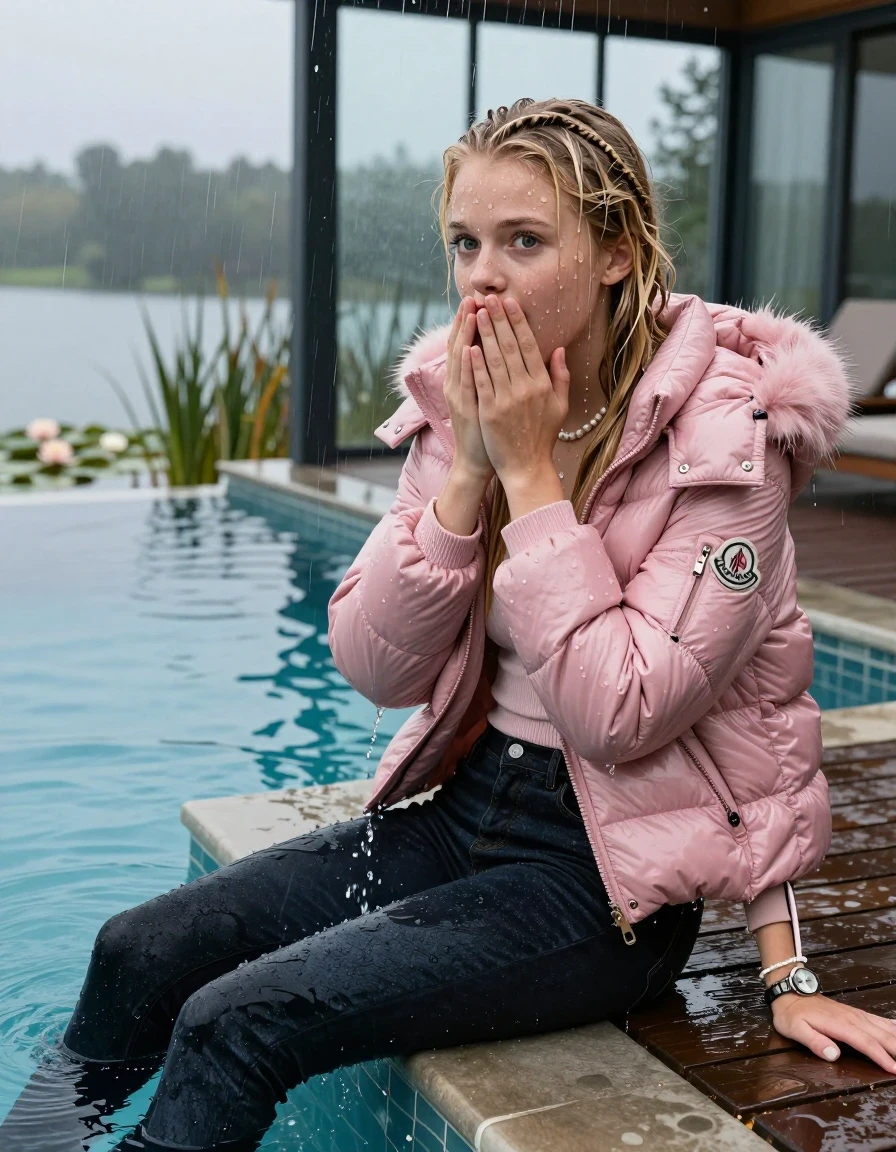 photo of young woman, in soaking wet, drenched clothes,
, Dark levis skinny jeans, Pink Moncler shiny puffer down jacket with fur, Open jacket, tight v-neck sweater, shoulderbag, pearl necklace, bracelet, wristwatch, jetty by the lake with water lilies and reeds, 
enjoying, wet clothes stuck to body,
detailed textures of the wet clothes, wet face, wet plastered hair,
wet, drenched, professional, high-quality details, full body view.
sharp focus, ultra-high pixel detail, realistic, high-quality, full colors, incredibly detailed, 4k, 8k, 16k, hyper-realistic, RAW photo, masterpiece, ultra-detailed, professionally color graded, professional photograph, A realistic vertical fashion photograph taken from a backward, behind-the-back angle of a 15-year-old girl sitting  and slides into a glass-walled outdoor swimming pool, facing down to the camera to show her back. She is tilting her head at camera, letting the water drench her hair so it is glued flat against her head and body. She has blonde Sleek long straight hair with braids, completely saturated and dripping wet hair, with water cascading down her face and neck. Afraid and astonished expression. cover her mouth with her hands. open mouth, big eyes. The lighting is bright and cinematic, highlighting the glistening water droplets on her skin and the saturated texture of her  casual clothes. Outside the large glass wall of the pool building, heavy rain is visible falling against the window. Soft, moody indoor lighting with reflections on the water. High-quality fashion photography style.
her clothing is soaking wet and clinging tightly to her skin, showing heavy wet folds, darkened fabric texture, and deep water-saturated Patches, her clothes are heavy from the water, water runs from her body and her clothes in streams. A lot of water also runs out of her clothes. Her clothes are darkened by the water. 
hyper-realistic wetness, high-contrast water sheen, sharp focus, 16k resolution, professional photography, realistic water physics., wet skin, wet clothes, damp fabric, wet skin, wet clothes, damp fabric, wet skin, wet clothes, damp fabric, wet skin, wet clothes, damp fabric, wet skin, wet clothes, damp fabric, wet skin, wet clothes, damp fabric, wet skin, wet clothes, damp fabric, wet skin, wet clothes, damp fabric, wet skin, wet clothes, damp fabric, wet skin, wet clothes, damp fabric, wet skin, wet clothes, damp fabric, wet skin, wet clothes, damp fabric, wet skin, wet clothes, damp fabric, wet skin, wet clothes, damp fabric, wet skin, wet clothes, damp fabric, wet skin, wet clothes, damp fabric, wet skin, wet clothes, damp fabric, wet skin, wet clothes, damp fabric, wet skin, wet clothes, damp fabric, wet skin, wet clothes, damp fabric, wet skin, wet clothes, damp fabric, wet skin, wet clothes, damp fabric