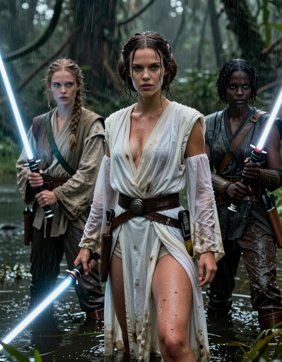 photo of young woman, in soaking wet, drenched clothes,
barefeed, star wars princess leia outfit, shallow swamp lake, witth a dark jungle in the background, Star Wars style, 
enjoying, wet clothes stuck to body,
detailed textures of the wet clothes, wet face, wet plastered hair,
wet, drenched, professional, high-quality details, full body view.
sharp focus, ultra-high pixel detail, realistic, high-quality, full colors, incredibly detailed, 4k, 8k, 16k, hyper-realistic, RAW photo, masterpiece, ultra-detailed, professionally color graded, professional photograph, a young nordic girl wears a princess leia style white outfit an princess leia hair style. next to her stand two jedi knight girl. the girls stand in the swamp holdig Star wars light sabre. they stand all ready to fight.  the clothes are completly drenched and dirty from the swamp. the girl wears no bra. her big breasts are visible through the seethrough Dress. on the picture ist heavy rain. wet skin, wet hair, wet clothes, damp fabric, wet skin, wet clothes, damp fabric