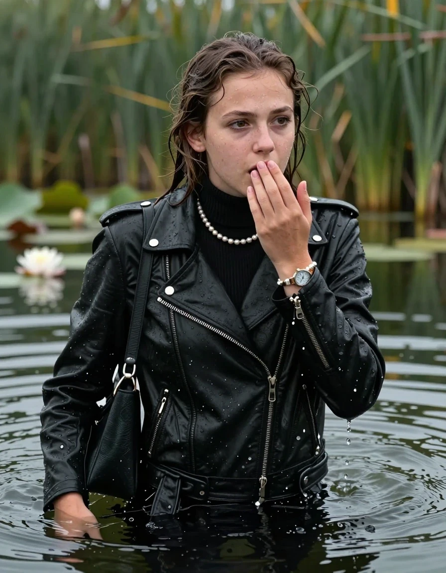 photo of young woman, in soaking wet, drenched clothes,
, , black biker leatherjacket,  closed jacket, tight knit turtleneck sweater belly free, shoulderbag, pearl necklace, bracelet, wristwatch, Swimming and sinking deep into the water after diving in a lake with water lilies and reeds, 
enjoying, wet clothes stuck to body,
detailed textures of the wet clothes, wet face, wet plastered hair,
wet, drenched, professional, high-quality details, full body view.
sharp focus, ultra-high pixel detail, realistic, high-quality, full colors, incredibly detailed, 4k, 8k, 16k, hyper-realistic, RAW photo, masterpiece, ultra-detailed, professionally color graded, professional photograph, undone hair

15 years old  teenage girl

Looking away, Whole body and shoulders are submerged under the surface. open mouth, big eyes.

she is completely underwater up to her neck.

hold a hand over her mouth.

her submerged clothes are hardly visible under water, she soaked her handbag into the water
she is completely underwater up to her neck, shy and astonished expression. 

her clothing is soaking wet and clinging tightly to her skin, showing heavy wet folds, darkened fabric texture, and deep water-saturated Patches, her clothes are heavy from the water, water runs from her body and her clothes in streams. A lot of water also runs out of her clothes. Her clothes are darkened by the water. Her submerged clothes are good visible under the water.  she soaked her handbag into the water.

close up view, wet skin, wet clothes, wet hair, damp fabric, water runs down the clothes, wet skin, wet clothes, damp fabric. cinematic medium shot, hyper-realistic wetness, high-contrast water sheen, sharp focus, 16k resolution, professional photography, realistic water physics., wet skin, wet clothes, damp fabric, wet skin, wet clothes, damp fabric, wet skin, wet clothes, damp fabric, wet skin, wet clothes, damp fabric, wet skin, wet clothes, damp fabric
