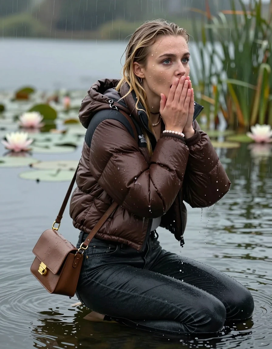 photo of young woman, in soaking wet, drenched clothes,
, tight Dark skinny jeans, brown north face puffer down jacket, Open jacket, tight v-neck sweater, shoulderbag, pearl necklace, bracelet, wristwatch,  lake with water lilies and reeds, 
enjoying, wet clothes stuck to body,
detailed textures of the wet clothes, wet face, wet plastered hair,
wet, drenched, professional, high-quality details, full body view.
sharp focus, ultra-high pixel detail, realistic, high-quality, full colors, incredibly detailed, 4k, 8k, 16k, hyper-realistic, RAW photo, masterpiece, ultra-detailed, professionally color graded, professional photograph, A realistic vertical fashion photograph taken from a backward, behind-the-back angle of a 18-year-old teenage girl sitting in the lake after diving in the water, facing to the camera to show her back. She is tilting her head at camera, letting the water drench her hair so it is glued flat against her head and body. She has two blonde sleek very long straight hair, completely saturated and dripping wet hair, with water cascading down her face and neck. Afraid and astonished expression. cover her mouth with her hands. open mouth, big eyes. The lighting is bright and cinematic, highlighting the glistening water droplets on her clothes and the saturated texture of her  casual clothes. Heavy rain is visible falling against her. She soaked her handbag in the water. Soft, moody indoor lighting with reflections on the water. High-quality fashion photography style.
her clothing is soaking wet and clinging tightly to her skin, showing heavy wet folds, darkened fabric texture, and deep water-saturated Patches, her clothes are heavy from the water, water runs from her body and her clothes in streams. A lot of water also runs out of her clothes. Her clothes are darkened by the water. 
hyper-realistic wetness, high-contrast water sheen, sharp focus, 16k resolution, professional photography, realistic water physics., wet skin, wet clothes, damp fabric, wet skin, wet clothes, damp fabric, wet skin, wet clothes, damp fabric, wet skin, wet clothes, damp fabric, wet skin, wet clothes, damp fabric, wet skin, wet clothes, damp fabric, wet skin, wet clothes, damp fabric, wet skin, wet clothes, damp fabric, wet skin, wet clothes, damp fabric, wet skin, wet clothes, damp fabric, wet skin, wet clothes, damp fabric, wet skin, wet clothes, damp fabric, wet skin, wet clothes, damp fabric, wet skin, wet clothes, damp fabric, wet skin, wet clothes, damp fabric, wet skin, wet clothes, damp fabric, wet skin, wet clothes, damp fabric, wet skin, wet clothes, damp fabric, wet skin, wet clothes, damp fabric, wet skin, wet clothes, damp fabric