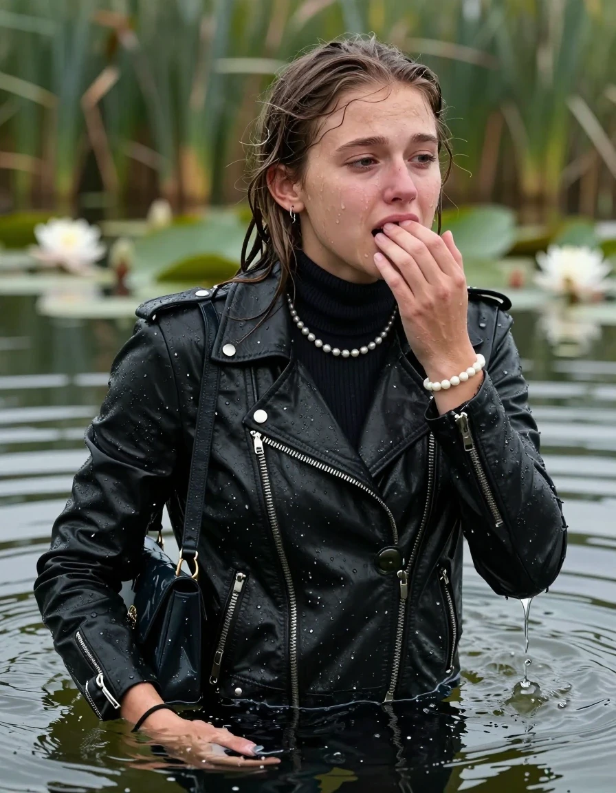 photo of young woman, in soaking wet, drenched clothes,
, , black biker leatherjacket,  closed jacket, tight knit turtleneck sweater belly free, shoulderbag, pearl necklace, bracelet, wristwatch, Swimming and sinking deep into the water after diving in a lake with water lilies and reeds, 
enjoying, wet clothes stuck to body,
detailed textures of the wet clothes, wet face, wet plastered hair,
wet, drenched, professional, high-quality details, full body view.
sharp focus, ultra-high pixel detail, realistic, high-quality, full colors, incredibly detailed, 4k, 8k, 16k, hyper-realistic, RAW photo, masterpiece, ultra-detailed, professionally color graded, professional photograph, undone hair

15 years old  teenage girl

Looking away, Whole body and shoulders are submerged under the surface. open mouth, big eyes.

she is completely underwater up to her neck.

hold a hand over her mouth.

her submerged clothes are hardly visible under water, she soaked her handbag into the water
she is completely underwater up to her neck, crying expression. 

her clothing is soaking wet and clinging tightly to her skin, showing heavy wet folds, darkened fabric texture, and deep water-saturated Patches, her clothes are heavy from the water, water runs from her body and her clothes in streams. A lot of water also runs out of her clothes. Her clothes are darkened by the water. Her submerged clothes are good visible under the water.  she soaked her handbag into the water.

close up view, wet skin, wet clothes, wet hair, damp fabric, water runs down the clothes, wet skin, wet clothes, damp fabric. cinematic medium shot, hyper-realistic wetness, high-contrast water sheen, sharp focus, 16k resolution, professional photography, realistic water physics., wet skin, wet clothes, damp fabric, wet skin, wet clothes, damp fabric, wet skin, wet clothes, damp fabric, wet skin, wet clothes, damp fabric, wet skin, wet clothes, damp fabric