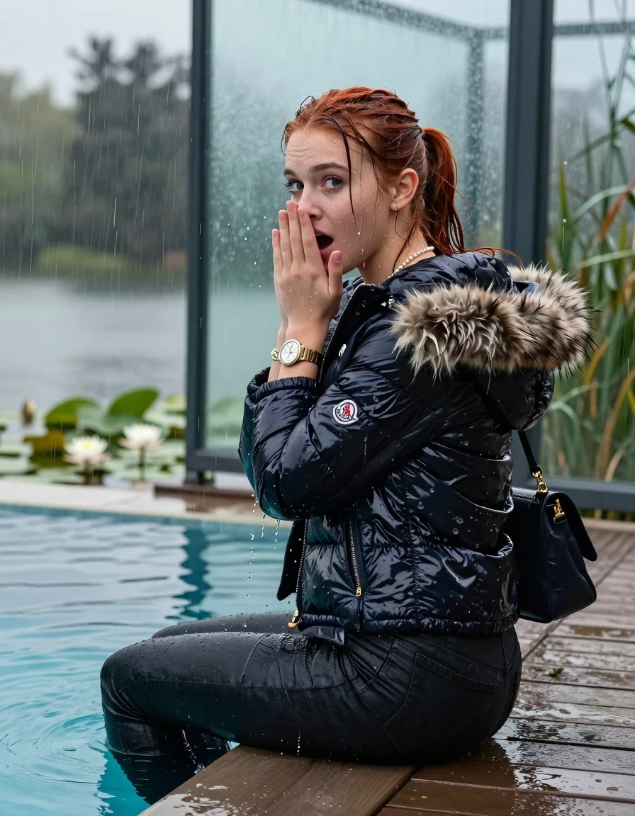 photo of young woman, in soaking wet, drenched clothes,
, Dark levis skinny jeans, Moncler shiny puffer down jacket with fur, Open jacket, tight v-neck sweater, shoulderbag, pearl necklace, bracelet, wristwatch, jetty by the lake with water lilies and reeds, 
enjoying, wet clothes stuck to body,
detailed textures of the wet clothes, wet face, wet plastered hair,
wet, drenched, professional, high-quality details, full body view.
sharp focus, ultra-high pixel detail, realistic, high-quality, full colors, incredibly detailed, 4k, 8k, 16k, hyper-realistic, RAW photo, masterpiece, ultra-detailed, professionally color graded, professional photograph, A realistic vertical fashion photograph taken from a backward, behind-the-back angle of a 15-year-old teenage girl sitting  in a glass-walled outdoor swimming pool, facing down to the camera to show her back. She is tilting her head at camera, letting the water drench her hair so it is glued flat against her head and body. She has a red ponytail , completely saturated and dripping wet hair, with water cascading down her face and neck. Afraid and astonished expression. cover her mouth with her hands. open mouth, big eyes. The lighting is bright and cinematic, highlighting the glistening water droplets on her skin and the saturated texture of her  casual clothes. Outside the large glass wall of the pool building, heavy rain is visible falling against the window. Soft, moody indoor lighting with reflections on the water. High-quality fashion photography style.
her clothing is soaking wet and clinging tightly to her skin, showing heavy wet folds, darkened fabric texture, and deep water-saturated Patches, her clothes are heavy from the water, water runs from her body and her clothes in streams. A lot of water also runs out of her clothes. Her clothes are darkened by the water. 
hyper-realistic wetness, high-contrast water sheen, sharp focus, 16k resolution, professional photography, realistic water physics., wet skin, wet clothes, damp fabric, wet skin, wet clothes, damp fabric, wet skin, wet clothes, damp fabric, wet skin, wet clothes, damp fabric, wet skin, wet clothes, damp fabric, wet skin, wet clothes, damp fabric, wet skin, wet clothes, damp fabric, wet skin, wet clothes, damp fabric, wet skin, wet clothes, damp fabric, wet skin, wet clothes, damp fabric, wet skin, wet clothes, damp fabric, wet skin, wet clothes, damp fabric, wet skin, wet clothes, damp fabric, wet skin, wet clothes, damp fabric, wet skin, wet clothes, damp fabric, wet skin, wet clothes, damp fabric, wet skin, wet clothes, damp fabric, wet skin, wet clothes, damp fabric, wet skin, wet clothes, damp fabric, wet skin, wet clothes, damp fabric, wet skin, wet clothes, damp fabric