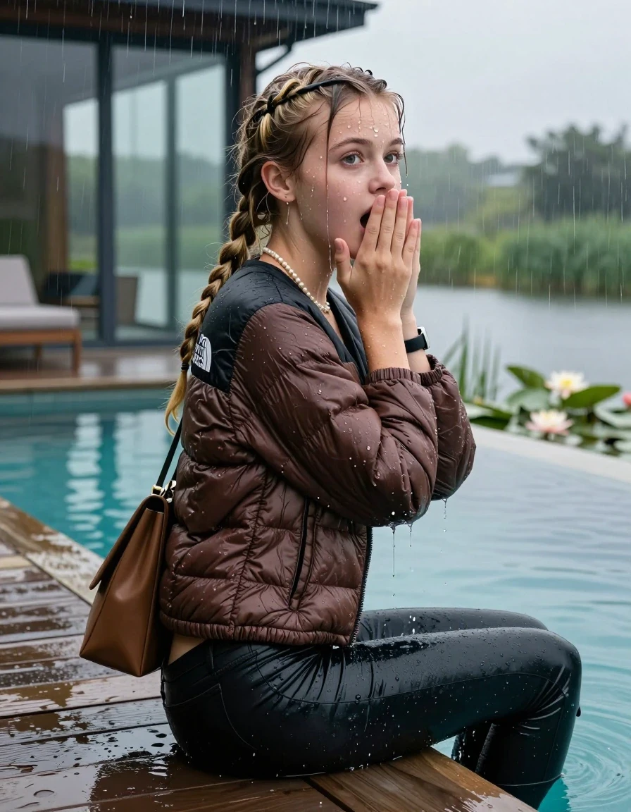photo of young woman, in soaking wet, drenched clothes,
, Dark skinny jeans, brown north face puffer down jacket, Open jacket, tight v-neck sweater, shoulderbag, pearl necklace, bracelet, wristwatch, Orgasm in jetty by the lake with water lilies and reeds, 
enjoying, wet clothes stuck to body,
detailed textures of the wet clothes, wet face, wet plastered hair,
wet, drenched, professional, high-quality details, full body view.
sharp focus, ultra-high pixel detail, realistic, high-quality, full colors, incredibly detailed, 4k, 8k, 16k, hyper-realistic, RAW photo, masterpiece, ultra-detailed, professionally color graded, professional photograph, A realistic vertical fashion photograph taken from a backward, behind-the-back angle of a 15-year-old teenage girl sitting  in a glass-walled outdoor swimming pool, facing to the camera to show her back. She is tilting her head at camera, letting the water drench her hair so it is glued flat against her head and body. She has two blonde long braids , completely saturated and dripping wet hair, with water cascading down her face and neck. Afraid and astonished expression. cover her mouth with her hands. open mouth, big eyes. The lighting is bright and cinematic, highlighting the glistening water droplets on her skin and the saturated texture of her  casual clothes. Outside the large glass wall of the pool building, heavy rain is visible falling against the window. Soft, moody indoor lighting with reflections on the water. High-quality fashion photography style.
her clothing is soaking wet and clinging tightly to her skin, showing heavy wet folds, darkened fabric texture, and deep water-saturated Patches, her clothes are heavy from the water, water runs from her body and her clothes in streams. A lot of water also runs out of her clothes. Her clothes are darkened by the water. 
hyper-realistic wetness, high-contrast water sheen, sharp focus, 16k resolution, professional photography, realistic water physics., wet skin, wet clothes, damp fabric, wet skin, wet clothes, damp fabric, wet skin, wet clothes, damp fabric, wet skin, wet clothes, damp fabric, wet skin, wet clothes, damp fabric, wet skin, wet clothes, damp fabric, wet skin, wet clothes, damp fabric, wet skin, wet clothes, damp fabric, wet skin, wet clothes, damp fabric, wet skin, wet clothes, damp fabric, wet skin, wet clothes, damp fabric, wet skin, wet clothes, damp fabric, wet skin, wet clothes, damp fabric, wet skin, wet clothes, damp fabric, wet skin, wet clothes, damp fabric, wet skin, wet clothes, damp fabric, wet skin, wet clothes, damp fabric, wet skin, wet clothes, damp fabric, wet skin, wet clothes, damp fabric, wet skin, wet clothes, damp fabric