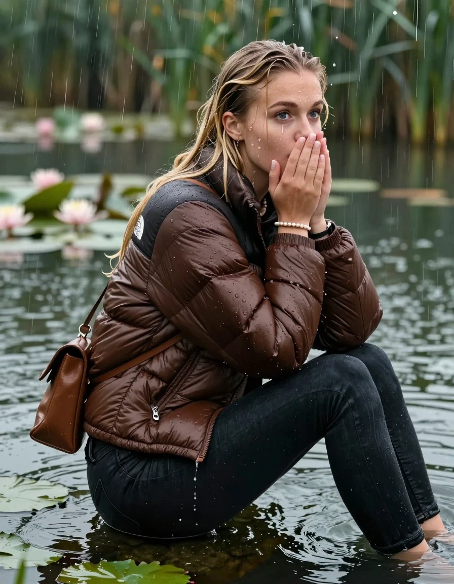 photo of young woman, in soaking wet, drenched clothes,
, tight Dark skinny jeans, brown north face puffer down jacket, Open jacket, tight v-neck sweater, shoulderbag, pearl necklace, bracelet, wristwatch,  lake with water lilies and reeds, 
enjoying, wet clothes stuck to body,
detailed textures of the wet clothes, wet face, wet plastered hair,
wet, drenched, professional, high-quality details, full body view.
sharp focus, ultra-high pixel detail, realistic, high-quality, full colors, incredibly detailed, 4k, 8k, 16k, hyper-realistic, RAW photo, masterpiece, ultra-detailed, professionally color graded, professional photograph, A realistic vertical fashion photograph taken from a backward, behind-the-back angle of a 18-year-old teenage girl sitting in the lake after diving in the water, facing to the camera to show her back. She is tilting her head at camera, letting the water drench her hair so it is glued flat against her head and body. She has two blonde sleek very long straight hair, completely saturated and dripping wet hair, with water cascading down her face and neck. Afraid and astonished expression. cover her mouth with her hands. open mouth, big eyes. The lighting is bright and cinematic, highlighting the glistening water droplets on her clothes and the saturated texture of her  casual clothes. Heavy rain is visible falling against her. She soaked her handbag in the water. Soft, moody indoor lighting with reflections on the water. High-quality fashion photography style.
her clothing is soaking wet and clinging tightly to her skin, showing heavy wet folds, darkened fabric texture, and deep water-saturated Patches, her clothes are heavy from the water, water runs from her body and her clothes in streams. A lot of water also runs out of her clothes. Her clothes are darkened by the water. 
hyper-realistic wetness, high-contrast water sheen, sharp focus, 16k resolution, professional photography, realistic water physics., wet skin, wet clothes, damp fabric, wet skin, wet clothes, damp fabric, wet skin, wet clothes, damp fabric, wet skin, wet clothes, damp fabric, wet skin, wet clothes, damp fabric, wet skin, wet clothes, damp fabric, wet skin, wet clothes, damp fabric, wet skin, wet clothes, damp fabric, wet skin, wet clothes, damp fabric, wet skin, wet clothes, damp fabric, wet skin, wet clothes, damp fabric, wet skin, wet clothes, damp fabric, wet skin, wet clothes, damp fabric, wet skin, wet clothes, damp fabric, wet skin, wet clothes, damp fabric, wet skin, wet clothes, damp fabric, wet skin, wet clothes, damp fabric, wet skin, wet clothes, damp fabric, wet skin, wet clothes, damp fabric, wet skin, wet clothes, damp fabric