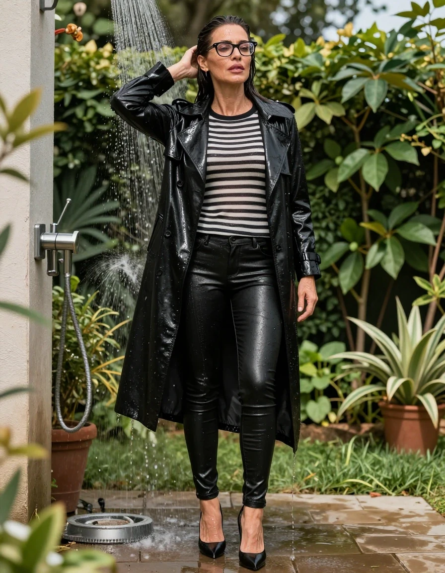 photo of young woman, in soaking wet, drenched clothes,
high-heeled shoes, long black tight leather jeans, shiny black & white striped sweater, maxi black trenchcoat, under the shower in sunny garden, 
enjoying, wet clothes stuck to body,
detailed textures of the wet clothes, wet face, wet plastered hair,
wet, drenched, professional, high-quality details, full body view.
sharp focus, ultra-high pixel detail, realistic, high-quality, full colors, incredibly detailed, 4k, 8k, 16k, hyper-realistic, RAW photo, masterpiece, ultra-detailed, professionally color graded, professional photograph, europen brunette skinny woman 50 years old, long dark black hair, office glasses, very big and thick lips, complete body, wet skin, wet clothes, damp fabric, wet skin, wet clothes, damp fabric, wet skin, wet clothes, damp fabric, wet skin, wet clothes, damp fabric, wet skin, wet clothes, damp fabric, wet skin, wet clothes, damp fabric, wet skin, wet clothes, damp fabric