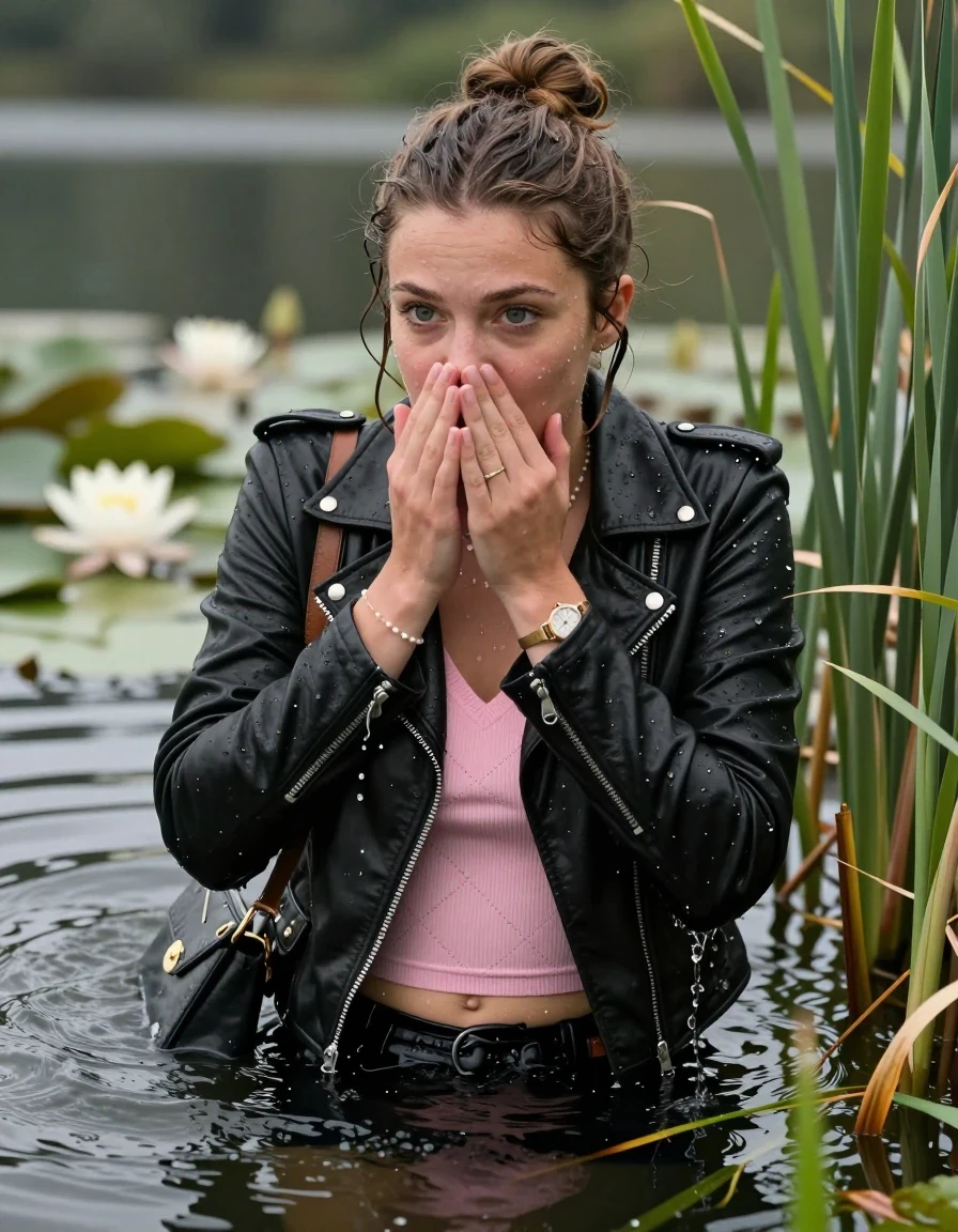 photo of young woman, in soaking wet, drenched clothes,
, , black biker leatherjacket, tight pink v-neck sweater with diamond pattern belly free, shoulderbag, pearl necklace, bracelet, wristwatch, Swimming and sinking deep into the water after diving in a lake with water lilies and reeds, 
enjoying, wet clothes stuck to body,
detailed textures of the wet clothes, wet face, wet plastered hair,
wet, drenched, professional, high-quality details, full body view.
sharp focus, ultra-high pixel detail, realistic, high-quality, full colors, incredibly detailed, 4k, 8k, 16k, hyper-realistic, RAW photo, masterpiece, ultra-detailed, professionally color graded, professional photograph, half-up with a topknot

19-years-old  teenage girl

Looking away, Whole body and shoulders are submerged under the surface. closed mouth, big eyes.

she is completely underwater up to her neck. Leaning forward and hide in the reeds.

hold her hands on her mouth and nose.

her submerged clothes are hardly visible under water, she soaked her handbag into the water
she is completely underwater up to her neck, frightened and astonished expression. 

her clothing is soaking wet and clinging tightly to her skin, showing heavy wet folds, darkened fabric texture, and deep water-saturated Patches, her clothes are heavy from the water, water runs from her body and her clothes in streams. A lot of water also runs out of her clothes. Her clothes are darkened by the water. Her submerged clothes are good visible under the water.  she soaked her handbag into the water.

close up view, wet skin, wet clothes, wet hair, damp fabric, water runs down the clothes, wet skin, wet clothes, damp fabric. cinematic medium shot, hyper-realistic wetness, high-contrast water sheen, sharp focus, 16k resolution, professional photography, realistic water physics., wet skin, wet clothes, damp fabric, wet skin, wet clothes, damp fabric, wet skin, wet clothes, damp fabric, wet skin, wet clothes, damp fabric, wet skin, wet clothes, damp fabric