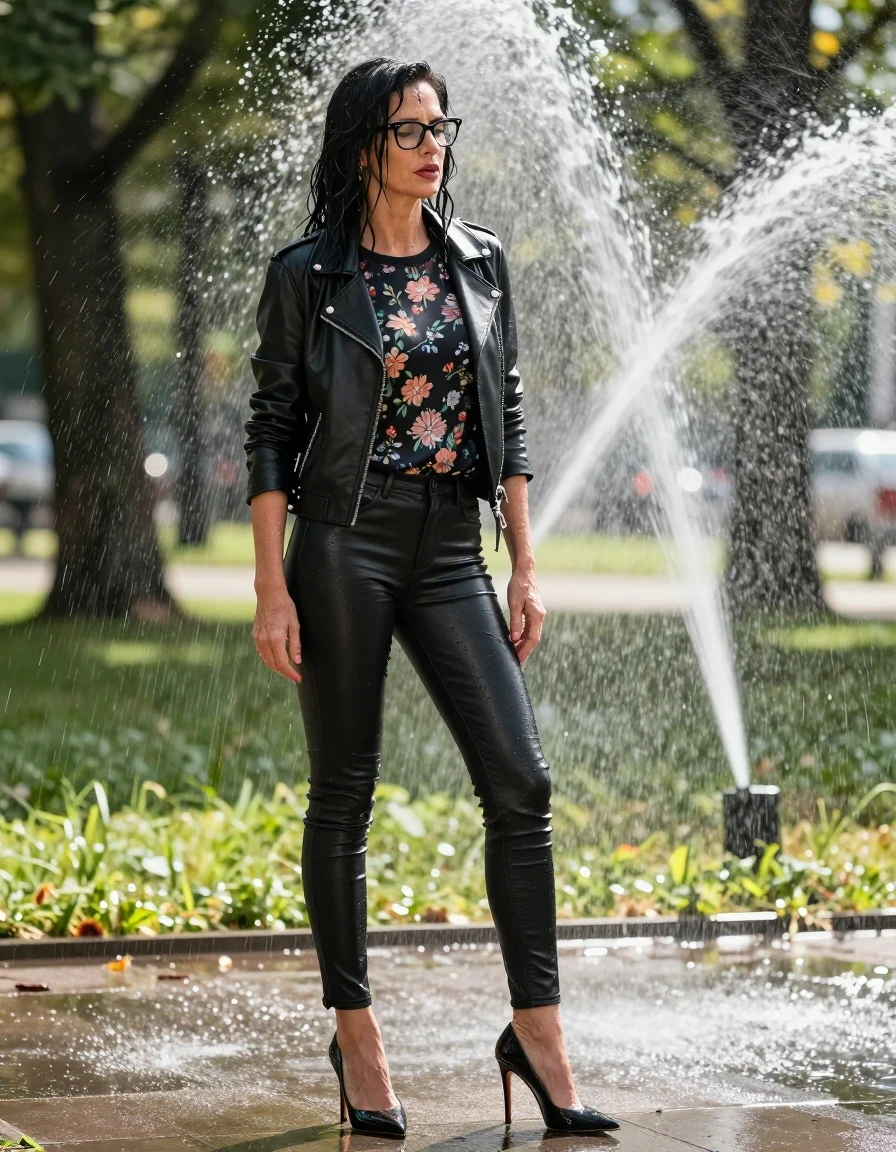photo of young woman, in soaking wet, drenched clothes,
high-heeled shoes, long black tight leather jeans, shiny floral sweater, maxi black leather byker jacket, n sunny park under sprinklers, 
enjoying, wet clothes stuck to body,
detailed textures of the wet clothes, wet face, wet plastered hair,
wet, drenched, professional, high-quality details, full body view.
sharp focus, ultra-high pixel detail, realistic, high-quality, full colors, incredibly detailed, 4k, 8k, 16k, hyper-realistic, RAW photo, masterpiece, ultra-detailed, professionally color graded, professional photograph, europen brunette skinny woman 50 years old, long dark black hair, office glasses, very big and thick lips, complete body, wet skin, wet clothes, damp fabric, wet skin, wet clothes, damp fabric, wet skin, wet clothes, damp fabric, wet skin, wet clothes, damp fabric, wet skin, wet clothes, damp fabric, wet skin, wet clothes, damp fabric, wet skin, wet clothes, damp fabric