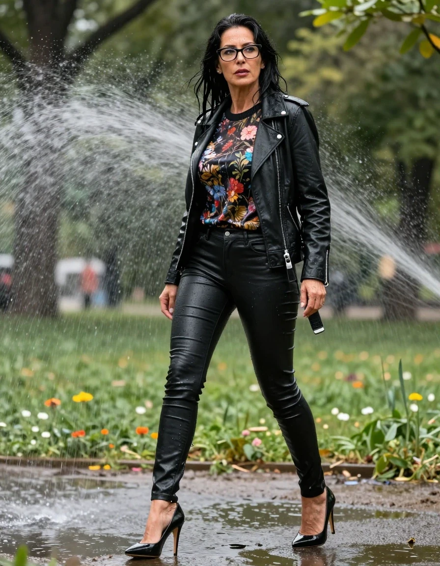photo of young woman, in soaking wet, drenched clothes,
high-heeled shoes, long black tight leather jeans, shiny floral sweater, maxi black leather byker jacket, n sunny park under sprinklers, 
enjoying, wet clothes stuck to body,
detailed textures of the wet clothes, wet face, wet plastered hair,
wet, drenched, professional, high-quality details, full body view.
sharp focus, ultra-high pixel detail, realistic, high-quality, full colors, incredibly detailed, 4k, 8k, 16k, hyper-realistic, RAW photo, masterpiece, ultra-detailed, professionally color graded, professional photograph, europen brunette skinny woman 50 years old, long dark black hair, office glasses, very big and thick lips, complete body, wet skin, wet clothes, damp fabric, wet skin, wet clothes, damp fabric, wet skin, wet clothes, damp fabric, wet skin, wet clothes, damp fabric, wet skin, wet clothes, damp fabric, wet skin, wet clothes, damp fabric, wet skin, wet clothes, damp fabric