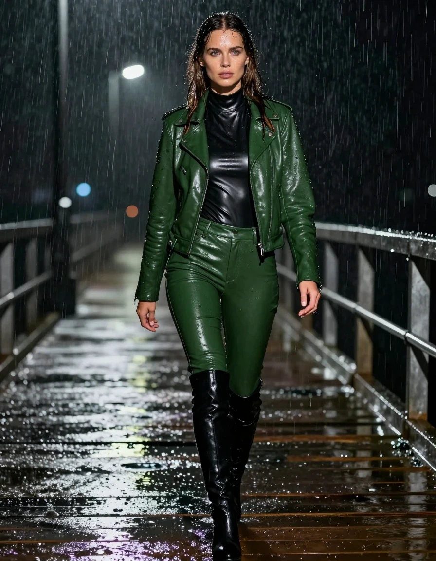 A photorealistic full-body shot of a young adult European woman with long, dripping wet brown hair, walking along a wooden pier at night during a heavy rainstorm. She is wearing a black leather polar neck catsuit underneath a green bikers leather jacket, paired with tight green leather pants and black leather knee-high boots. Her skin is glistening with rainwater, and her leather clothing is drenched, exhibiting heavy water sheen, dark soaked textures, and clinging to her form with realistic weight and deep, glossy specular reflections from the rain. The environment is dark and atmospheric, with heavy rain pouring down, creating a misty, wet ambiance. High-contrast lighting from distant pier lamps catches the water droplets on her skin and the polished, saturated surfaces of her leather attire. The image is captured with sharp focus, emphasizing the texture of the wet leather, the droplets in her hair, and the slick, reflective surface of the pier boards. No nudity.