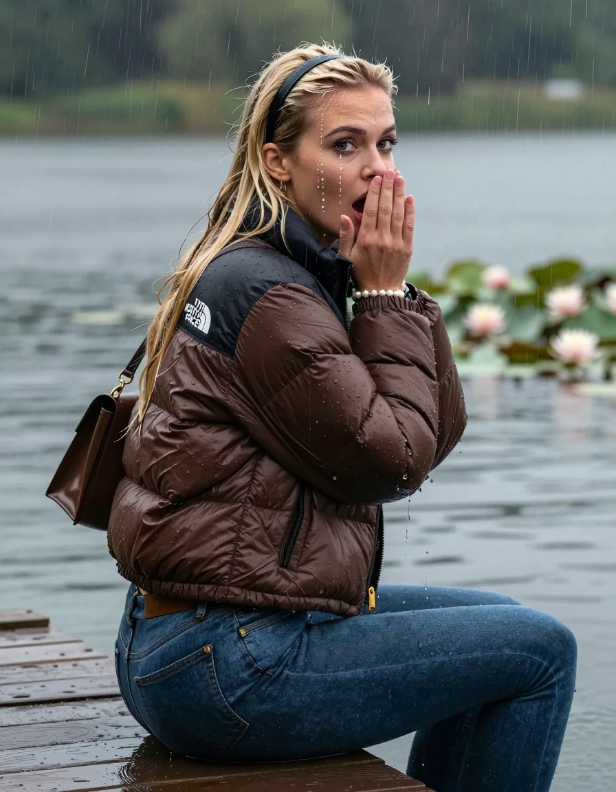 photo of young woman, in soaking wet, drenched clothes,
, tight levis skinny jeans, brown north face puffer down jacket, Open jacket, tight v-neck sweater, shoulderbag, pearl necklace, bracelet, wristwatch,  jetty by the lake with water lilies and reeds, 
enjoying, wet clothes stuck to body,
detailed textures of the wet clothes, wet face, wet plastered hair,
wet, drenched, professional, high-quality details, full body view.
sharp focus, ultra-high pixel detail, realistic, high-quality, full colors, incredibly detailed, 4k, 8k, 16k, hyper-realistic, RAW photo, masterpiece, ultra-detailed, professionally color graded, professional photograph, A realistic vertical fashion photograph taken from a backward, behind-the-back angle of a 18-year-old teenage girl sitting on a jetty by the lake after diving in the water, facing to the camera to show her back. She is tilting her head at camera, letting the water drench her hair so it is glued flat against her head and body. She has two blonde sleek very long straight hair with hairband  , completely saturated and dripping wet hair, with water cascading down her face and neck. Afraid and astonished expression. cover her mouth with her hands. open mouth, big eyes. The lighting is bright and cinematic, highlighting the glistening water droplets on her clothes and the saturated texture of her  casual clothes. Heavy rain is visible falling against her. Soft, moody indoor lighting with reflections on the water. High-quality fashion photography style.
her clothing is soaking wet and clinging tightly to her skin, showing heavy wet folds, darkened fabric texture, and deep water-saturated Patches, her clothes are heavy from the water, water runs from her body and her clothes in streams. A lot of water also runs out of her clothes. Her clothes are darkened by the water. 
hyper-realistic wetness, high-contrast water sheen, sharp focus, 16k resolution, professional photography, realistic water physics., wet skin, wet clothes, damp fabric, wet skin, wet clothes, damp fabric, wet skin, wet clothes, damp fabric, wet skin, wet clothes, damp fabric, wet skin, wet clothes, damp fabric, wet skin, wet clothes, damp fabric, wet skin, wet clothes, damp fabric, wet skin, wet clothes, damp fabric, wet skin, wet clothes, damp fabric, wet skin, wet clothes, damp fabric, wet skin, wet clothes, damp fabric, wet skin, wet clothes, damp fabric, wet skin, wet clothes, damp fabric, wet skin, wet clothes, damp fabric, wet skin, wet clothes, damp fabric, wet skin, wet clothes, damp fabric, wet skin, wet clothes, damp fabric, wet skin, wet clothes, damp fabric, wet skin, wet clothes, damp fabric, wet skin, wet clothes, damp fabric, wet skin, wet clothes, damp fabric