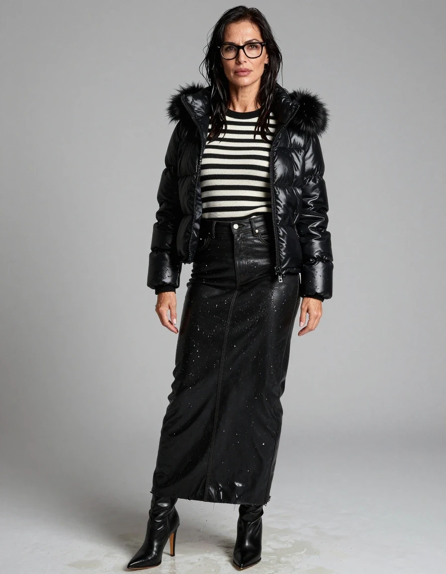 photo of young woman, in soaking wet, drenched clothes,
high-heeled boots, shiny black leather denim maxi skirt, shiny black & white striped sweater, maxi shiny black ldown jacket with fur, after shower, enjoying wet clothes stuck body, enjoying, wet clothes stuck to body, 
enjoying, wet clothes stuck to body,
detailed textures of the wet clothes, wet face, wet plastered hair,
wet, drenched, professional, high-quality details, full body view.
sharp focus, ultra-high pixel detail, realistic, high-quality, full colors, incredibly detailed, 4k, 8k, 16k, hyper-realistic, RAW photo, masterpiece, ultra-detailed, professionally color graded, professional photograph, europen brunette skinny woman 50 years old, long dark black hair, office glasses, very big and thick lips, complete body, wet skin, wet clothes, damp fabric, wet skin, wet clothes, damp fabric, wet skin, wet clothes, damp fabric, wet skin, wet clothes, damp fabric, wet skin, wet clothes, damp fabric, wet skin, wet clothes, damp fabric, wet skin, wet clothes, damp fabric