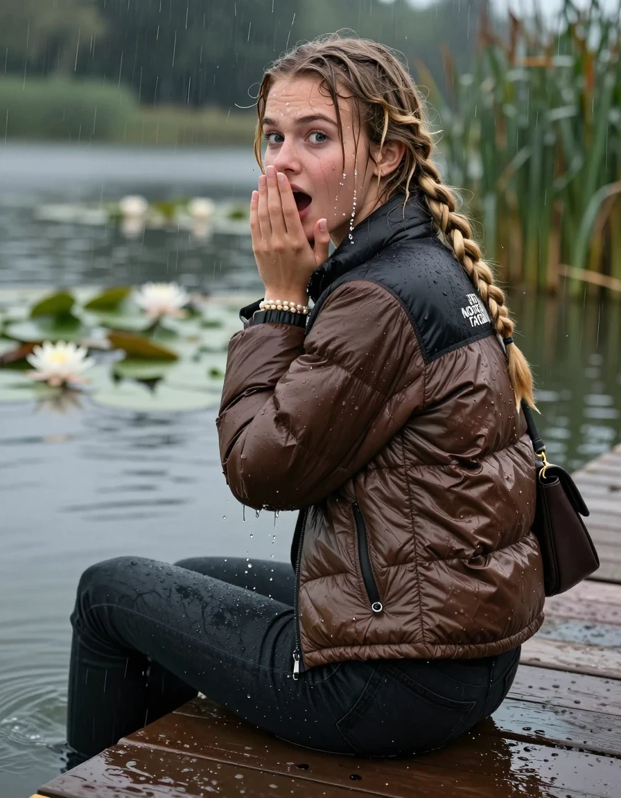 photo of young woman, in soaking wet, drenched clothes,
, Dark skinny jeans, brown north face puffer down jacket, Open jacket, tight v-neck sweater, shoulderbag, pearl necklace, bracelet, wristwatch,  jetty by the lake with water lilies and reeds, 
enjoying, wet clothes stuck to body,
detailed textures of the wet clothes, wet face, wet plastered hair,
wet, drenched, professional, high-quality details, full body view.
sharp focus, ultra-high pixel detail, realistic, high-quality, full colors, incredibly detailed, 4k, 8k, 16k, hyper-realistic, RAW photo, masterpiece, ultra-detailed, professionally color graded, professional photograph, A realistic vertical fashion photograph taken from a backward, behind-the-back angle of a 15-year-old teenage girl sitting on a jetty by the lake after diving in the water, facing to the camera to show her back. She is tilting her head at camera, letting the water drench her hair so it is glued flat against her head and body. She has two blonde long braids , completely saturated and dripping wet hair, with water cascading down her face and neck. Afraid and astonished expression. cover her mouth with her hands. open mouth, big eyes. The lighting is bright and cinematic, highlighting the glistening water droplets on her skin and the saturated texture of her  casual clothes. Heavy rain is visible falling against her. Soft, moody indoor lighting with reflections on the water. High-quality fashion photography style.
her clothing is soaking wet and clinging tightly to her skin, showing heavy wet folds, darkened fabric texture, and deep water-saturated Patches, her clothes are heavy from the water, water runs from her body and her clothes in streams. A lot of water also runs out of her clothes. Her clothes are darkened by the water. 
hyper-realistic wetness, high-contrast water sheen, sharp focus, 16k resolution, professional photography, realistic water physics., wet skin, wet clothes, damp fabric, wet skin, wet clothes, damp fabric, wet skin, wet clothes, damp fabric, wet skin, wet clothes, damp fabric, wet skin, wet clothes, damp fabric, wet skin, wet clothes, damp fabric, wet skin, wet clothes, damp fabric, wet skin, wet clothes, damp fabric, wet skin, wet clothes, damp fabric, wet skin, wet clothes, damp fabric, wet skin, wet clothes, damp fabric, wet skin, wet clothes, damp fabric, wet skin, wet clothes, damp fabric, wet skin, wet clothes, damp fabric, wet skin, wet clothes, damp fabric, wet skin, wet clothes, damp fabric, wet skin, wet clothes, damp fabric, wet skin, wet clothes, damp fabric, wet skin, wet clothes, damp fabric