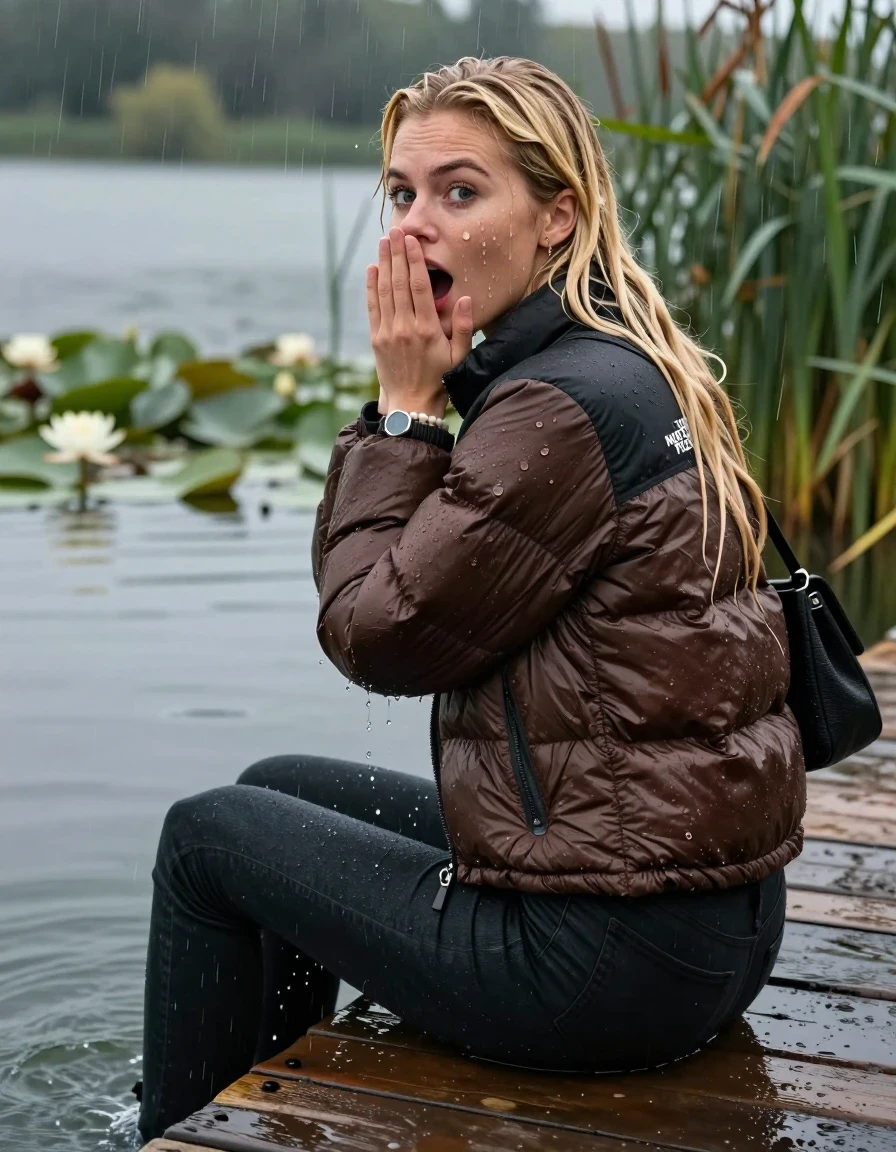photo of young woman, in soaking wet, drenched clothes,
, tight Dark skinny jeans, brown north face puffer down jacket, Open jacket, tight v-neck sweater, shoulderbag, pearl necklace, bracelet, wristwatch,  jetty by the lake with water lilies and reeds, 
enjoying, wet clothes stuck to body,
detailed textures of the wet clothes, wet face, wet plastered hair,
wet, drenched, professional, high-quality details, full body view.
sharp focus, ultra-high pixel detail, realistic, high-quality, full colors, incredibly detailed, 4k, 8k, 16k, hyper-realistic, RAW photo, masterpiece, ultra-detailed, professionally color graded, professional photograph, A realistic vertical fashion photograph taken from a backward, behind-the-back angle of a 18-year-old teenage girl sitting on a jetty by the lake after diving in the water, facing to the camera to show her back. She is tilting her head at camera, letting the water drench her hair so it is glued flat against her head and body. She has two blonde sleek very long straight hair, completely saturated and dripping wet hair, with water cascading down her face and neck. Afraid and astonished expression. cover her mouth with her hands. open mouth, big eyes. The lighting is bright and cinematic, highlighting the glistening water droplets on her clothes and the saturated texture of her  casual clothes. Heavy rain is visible falling against her. She soaked her handbag in the water. Soft, moody indoor lighting with reflections on the water. High-quality fashion photography style.
her clothing is soaking wet and clinging tightly to her skin, showing heavy wet folds, darkened fabric texture, and deep water-saturated Patches, her clothes are heavy from the water, water runs from her body and her clothes in streams. A lot of water also runs out of her clothes. Her clothes are darkened by the water. 
hyper-realistic wetness, high-contrast water sheen, sharp focus, 16k resolution, professional photography, realistic water physics., wet skin, wet clothes, damp fabric, wet skin, wet clothes, damp fabric, wet skin, wet clothes, damp fabric, wet skin, wet clothes, damp fabric, wet skin, wet clothes, damp fabric, wet skin, wet clothes, damp fabric, wet skin, wet clothes, damp fabric, wet skin, wet clothes, damp fabric, wet skin, wet clothes, damp fabric, wet skin, wet clothes, damp fabric, wet skin, wet clothes, damp fabric, wet skin, wet clothes, damp fabric, wet skin, wet clothes, damp fabric, wet skin, wet clothes, damp fabric, wet skin, wet clothes, damp fabric, wet skin, wet clothes, damp fabric, wet skin, wet clothes, damp fabric, wet skin, wet clothes, damp fabric, wet skin, wet clothes, damp fabric, wet skin, wet clothes, damp fabric