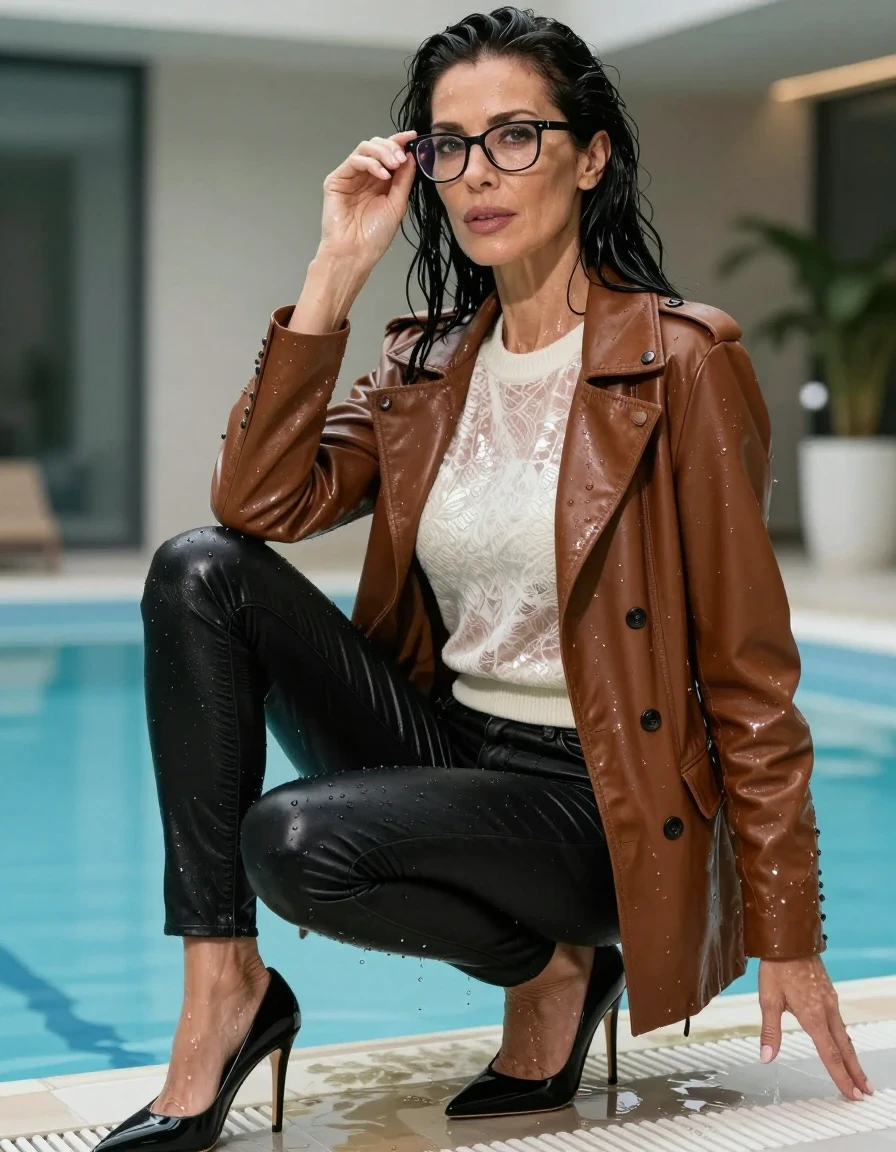 photo of young woman, in soaking wet, drenched clothes,
high-heeled shoes, long black tight leather jeans, shiny floral white sweater, maxi brown leather byker jacket, after bath in indoor pool, 
enjoying, wet clothes stuck to body,
detailed textures of the wet clothes, wet face, wet plastered hair,
wet, drenched, professional, high-quality details, full body view.
sharp focus, ultra-high pixel detail, realistic, high-quality, full colors, incredibly detailed, 4k, 8k, 16k, hyper-realistic, RAW photo, masterpiece, ultra-detailed, professionally color graded, professional photograph, europen brunette skinny woman 50 years old, long dark black hair, office glasses, very big and thick lips, complete body, wet skin, wet clothes, damp fabric, wet skin, wet clothes, damp fabric, wet skin, wet clothes, damp fabric, wet skin, wet clothes, damp fabric, wet skin, wet clothes, damp fabric, wet skin, wet clothes, damp fabric, wet skin, wet clothes, damp fabric