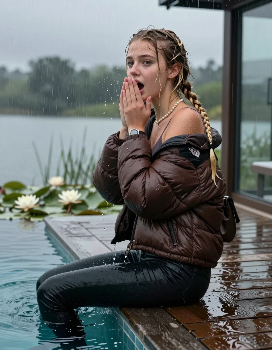 photo of young woman, in soaking wet, drenched clothes,
, Dark skinny jeans, brown north face puffer down jacket, Open jacket, tight v-neck sweater, shoulderbag, pearl necklace, bracelet, wristwatch, Orgasm in jetty by the lake with water lilies and reeds, 
enjoying, wet clothes stuck to body,
detailed textures of the wet clothes, wet face, wet plastered hair,
wet, drenched, professional, high-quality details, full body view.
sharp focus, ultra-high pixel detail, realistic, high-quality, full colors, incredibly detailed, 4k, 8k, 16k, hyper-realistic, RAW photo, masterpiece, ultra-detailed, professionally color graded, professional photograph, A realistic vertical fashion photograph taken from a backward, behind-the-back angle of a 15-year-old teenage girl sitting  in a glass-walled outdoor swimming pool, facing to the camera to show her back. She is tilting her head at camera, letting the water drench her hair so it is glued flat against her head and body. She has two blonde long braids , completely saturated and dripping wet hair, with water cascading down her face and neck. Afraid and astonished expression. cover her mouth with her hands. open mouth, big eyes. The lighting is bright and cinematic, highlighting the glistening water droplets on her skin and the saturated texture of her  casual clothes. Outside the large glass wall of the pool building, heavy rain is visible falling against the window. Soft, moody indoor lighting with reflections on the water. High-quality fashion photography style.
her clothing is soaking wet and clinging tightly to her skin, showing heavy wet folds, darkened fabric texture, and deep water-saturated Patches, her clothes are heavy from the water, water runs from her body and her clothes in streams. A lot of water also runs out of her clothes. Her clothes are darkened by the water. 
hyper-realistic wetness, high-contrast water sheen, sharp focus, 16k resolution, professional photography, realistic water physics., wet skin, wet clothes, damp fabric, wet skin, wet clothes, damp fabric, wet skin, wet clothes, damp fabric, wet skin, wet clothes, damp fabric, wet skin, wet clothes, damp fabric, wet skin, wet clothes, damp fabric, wet skin, wet clothes, damp fabric, wet skin, wet clothes, damp fabric, wet skin, wet clothes, damp fabric, wet skin, wet clothes, damp fabric, wet skin, wet clothes, damp fabric, wet skin, wet clothes, damp fabric, wet skin, wet clothes, damp fabric, wet skin, wet clothes, damp fabric, wet skin, wet clothes, damp fabric, wet skin, wet clothes, damp fabric, wet skin, wet clothes, damp fabric, wet skin, wet clothes, damp fabric, wet skin, wet clothes, damp fabric, wet skin, wet clothes, damp fabric