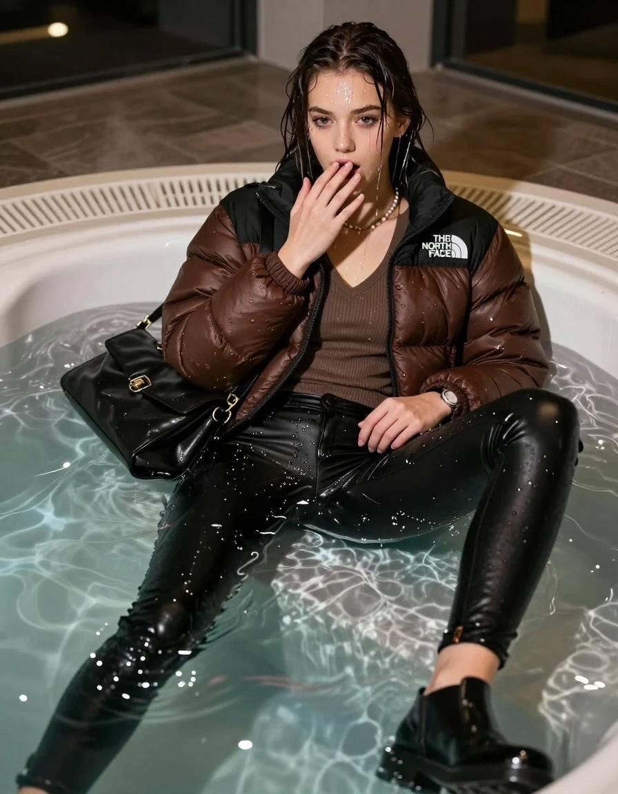 photo of young woman, in soaking wet, drenched clothes,
black pumps , Tight black leatherleggings, Brown north face puffer down jacket, tight v-neck sweater, shoulderbag, pearl necklace, bracelet, wristwatch, Masturbate to orgasm Steaming indoor jacuzzi at night, warm lightning, 
enjoying, wet clothes stuck to body,
detailed textures of the wet clothes, wet face, wet plastered hair,
wet, drenched, professional, high-quality details, full body view.
sharp focus, ultra-high pixel detail, realistic, high-quality, full colors, incredibly detailed, 4k, 8k, 16k, hyper-realistic, RAW photo, masterpiece, ultra-detailed, professionally color graded, professional photograph, A realistic vertical fashion photograph of a 15-year-old teenage girl lying half submerged into the water of a steaming indoor jacuzzi, facing away to show her back. She is tilting her head at camera, letting the water drench her hair so it is glued flat against her head and body. She has sleek long straight hair completely saturated and dripping wet hair, with water cascading down her face and neck. surprised expression. She hold a hand over her mouth. open mouth, half closed eyes eyes. Spreaded legs. she soaked her handbag in the water. The lighting is bright and cinematic, highlighting the glistening water droplets on her skin and the saturated texture of her  casual clothes. Soft, moody indoor lighting with reflections on the water. High-quality fashion photography style.
her clothing is soaking wet and clinging tightly to her skin, showing heavy wet folds, darkened fabric texture, and deep water-saturated Patches, her clothes are heavy from the water, water runs from her body and her clothes in streams. A lot of water also runs out of her clothes. Her clothes are darkened by the water. 
hyper-realistic wetness, high-contrast water sheen, sharp focus, 16k resolution, professional photography, realistic water physics., wet skin, wet clothes, damp fabric, wet skin, wet clothes, damp fabric, wet skin, wet clothes, damp fabric, wet skin, wet clothes, damp fabric, wet skin, wet clothes, damp fabric, wet skin, wet clothes, damp fabric, wet skin, wet clothes, damp fabric, wet skin, wet clothes, damp fabric, wet skin, wet clothes, damp fabric, wet skin, wet clothes, damp fabric, wet skin, wet clothes, damp fabric, wet skin, wet clothes, damp fabric, wet skin, wet clothes, damp fabric, wet skin, wet clothes, damp fabric, wet skin, wet clothes, damp fabric, wet skin, wet clothes, damp fabric, wet skin, wet clothes, damp fabric, wet skin, wet clothes, damp fabric, wet skin, wet clothes, damp fabric