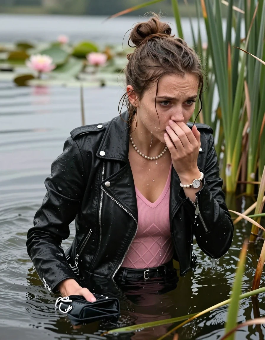 photo of young woman, in soaking wet, drenched clothes,
, , black biker leatherjacket, tight pink v-neck sweater with diamond pattern belly free, shoulderbag, pearl necklace, bracelet, wristwatch, Swimming and sinking deep into the water after diving in a lake with water lilies and reeds, 
enjoying, wet clothes stuck to body,
detailed textures of the wet clothes, wet face, wet plastered hair,
wet, drenched, professional, high-quality details, full body view.
sharp focus, ultra-high pixel detail, realistic, high-quality, full colors, incredibly detailed, 4k, 8k, 16k, hyper-realistic, RAW photo, masterpiece, ultra-detailed, professionally color graded, professional photograph, half-up with a topknot

19-years-old  teenage girl

Whole body and shoulders are submerged under the surface. closed mouth, big eyes.

she is completely underwater up to her neck. Leaning forward and hide in the reeds.

hold her hands on her mouth and nose.

her submerged clothes are hardly visible under water, she soaked her handbag into the water
she is completely underwater up to her neck, frightened and astonished expression. 

her clothing is soaking wet and clinging tightly to her skin, showing heavy wet folds, darkened fabric texture, and deep water-saturated Patches, her clothes are heavy from the water, water runs from her body and her clothes in streams. A lot of water also runs out of her clothes. Her clothes are darkened by the water. Her submerged clothes are good visible under the water.  she soaked her handbag into the water.

close up view, wet skin, wet clothes, wet hair, damp fabric, water runs down the clothes, wet skin, wet clothes, damp fabric. cinematic medium shot, hyper-realistic wetness, high-contrast water sheen, sharp focus, 16k resolution, professional photography, realistic water physics., wet skin, wet clothes, damp fabric, wet skin, wet clothes, damp fabric, wet skin, wet clothes, damp fabric, wet skin, wet clothes, damp fabric, wet skin, wet clothes, damp fabric