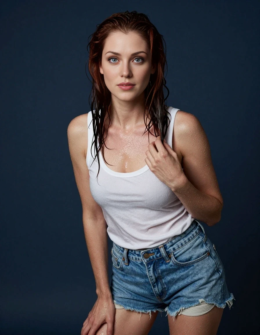 A professional three-quarter portrait shot of a 25-year-old woman with shoulder-length dark auburn hair, leaning slightly forward, looking directly into the camera with striking light blue eyes and a subtle, neutral expression. Her hair is wet and slicked down, flowing over her shoulders. Her left hand gently holds a strand of her wet hair near her collarbone, while her right hand rests near her knee. She is wearing a white ribbed cotton sleeveless tank top that is completely soaked and clings to her skin, paired with low-rise light blue denim shorts that are also wet and heavy with water, featuring frayed hems. The background is a solid, seamless textured dark navy blue studio backdrop with subtle falloff vignetting. Studio lighting setup with a soft key light casting gentle highlights across her wet hair and skin, soft fill to balance shadows, crisp focused details on eye irises and clothing texture, 85mm portrait lens, f/2.8 depth of field, natural skin texture, realistic camera shot, photorealistic finish.