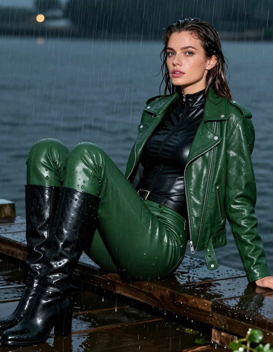 photo of young woman, in soaking wet, drenched clothes,
black leather knee-high boots, green leather pants, black leather polar neck catsuit , green bikers leather jacket, relaxing at a pier at, night, heavy rain, drenched, 
enjoying, wet clothes stuck to body,
detailed textures of the wet clothes, wet face, wet plastered hair,
wet, drenched, professional, high-quality details, full body view.
sharp focus, ultra-high pixel detail, realistic, high-quality, full colors, incredibly detailed, 4k, 8k, 16k, hyper-realistic, RAW photo, masterpiece, ultra-detailed, professionally color graded, professional photograph, white woman, long dripping wet brown hair,, wet skin, wet clothes, damp fabric, wet skin, wet clothes, damp fabric, wet skin, wet clothes, damp fabric