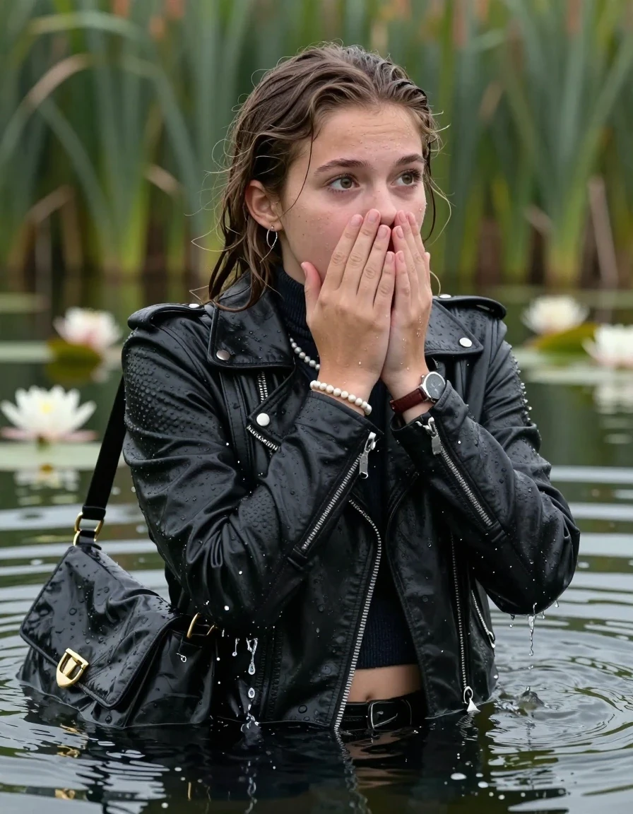 photo of young woman, in soaking wet, drenched clothes,
, , black biker leatherjacket,  closed jacket, tight knit turtleneck sweater belly free, shoulderbag, pearl necklace, bracelet, wristwatch, Swimming and sinking deep into the water after diving in a lake with water lilies and reeds, 
enjoying, wet clothes stuck to body,
detailed textures of the wet clothes, wet face, wet plastered hair,
wet, drenched, professional, high-quality details, full body view.
sharp focus, ultra-high pixel detail, realistic, high-quality, full colors, incredibly detailed, 4k, 8k, 16k, hyper-realistic, RAW photo, masterpiece, ultra-detailed, professionally color graded, professional photograph, undone hair

15 years old  teenage girl

Looking away, Whole body and shoulders are submerged under the surface. open mouth, big eyes.

she is completely underwater up to her neck.

She covers her whole face mouth and nose with her hands.

her submerged clothes are hardly vusible under water, she soaked her handbag into the water
she is completely underwater up to her neck, astonished expression. 

her clothing is soaking wet and clinging tightly to her skin, showing heavy wet folds, darkened fabric texture, and deep water-saturated Patches, her clothes are heavy from the water, water runs from her body and her clothes in streams. A lot of water also runs out of her clothes. Her clothes are darkened by the water. Her submerged clothes are good visible under the water.  she soaked her handbag into the water.

close up view, wet skin, wet clothes, wet hair, damp fabric, water runs down the clothes, wet skin, wet clothes, damp fabric. cinematic medium shot, hyper-realistic wetness, high-contrast water sheen, sharp focus, 16k resolution, professional photography, realistic water physics., wet skin, wet clothes, damp fabric, wet skin, wet clothes, damp fabric, wet skin, wet clothes, damp fabric, wet skin, wet clothes, damp fabric, wet skin, wet clothes, damp fabric