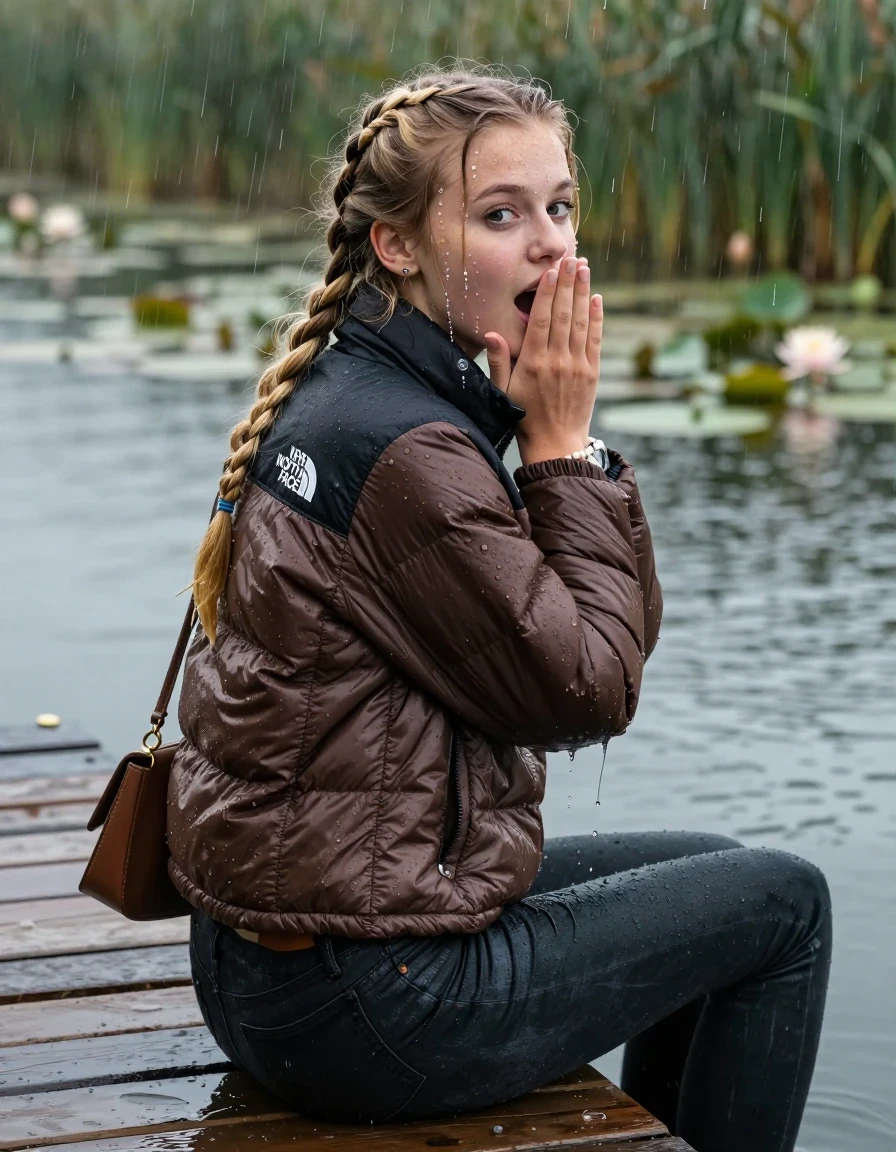 photo of young woman, in soaking wet, drenched clothes,
, Dark skinny jeans, brown north face puffer down jacket, Open jacket, tight v-neck sweater, shoulderbag, pearl necklace, bracelet, wristwatch,  jetty by the lake with water lilies and reeds, 
enjoying, wet clothes stuck to body,
detailed textures of the wet clothes, wet face, wet plastered hair,
wet, drenched, professional, high-quality details, full body view.
sharp focus, ultra-high pixel detail, realistic, high-quality, full colors, incredibly detailed, 4k, 8k, 16k, hyper-realistic, RAW photo, masterpiece, ultra-detailed, professionally color graded, professional photograph, A realistic vertical fashion photograph taken from a backward, behind-the-back angle of a 15-year-old teenage girl sitting on a jetty by the lake , facing to the camera to show her back. She is tilting her head at camera, letting the water drench her hair so it is glued flat against her head and body. She has two blonde long braids , completely saturated and dripping wet hair, with water cascading down her face and neck. Afraid and astonished expression. cover her mouth with her hands. open mouth, big eyes. The lighting is bright and cinematic, highlighting the glistening water droplets on her skin and the saturated texture of her  casual clothes. Heavy rain is visible falling against her. Soft, moody indoor lighting with reflections on the water. High-quality fashion photography style.
her clothing is soaking wet and clinging tightly to her skin, showing heavy wet folds, darkened fabric texture, and deep water-saturated Patches, her clothes are heavy from the water, water runs from her body and her clothes in streams. A lot of water also runs out of her clothes. Her clothes are darkened by the water. 
hyper-realistic wetness, high-contrast water sheen, sharp focus, 16k resolution, professional photography, realistic water physics., wet skin, wet clothes, damp fabric, wet skin, wet clothes, damp fabric, wet skin, wet clothes, damp fabric, wet skin, wet clothes, damp fabric, wet skin, wet clothes, damp fabric, wet skin, wet clothes, damp fabric, wet skin, wet clothes, damp fabric, wet skin, wet clothes, damp fabric, wet skin, wet clothes, damp fabric, wet skin, wet clothes, damp fabric, wet skin, wet clothes, damp fabric, wet skin, wet clothes, damp fabric, wet skin, wet clothes, damp fabric, wet skin, wet clothes, damp fabric, wet skin, wet clothes, damp fabric, wet skin, wet clothes, damp fabric, wet skin, wet clothes, damp fabric, wet skin, wet clothes, damp fabric, wet skin, wet clothes, damp fabric