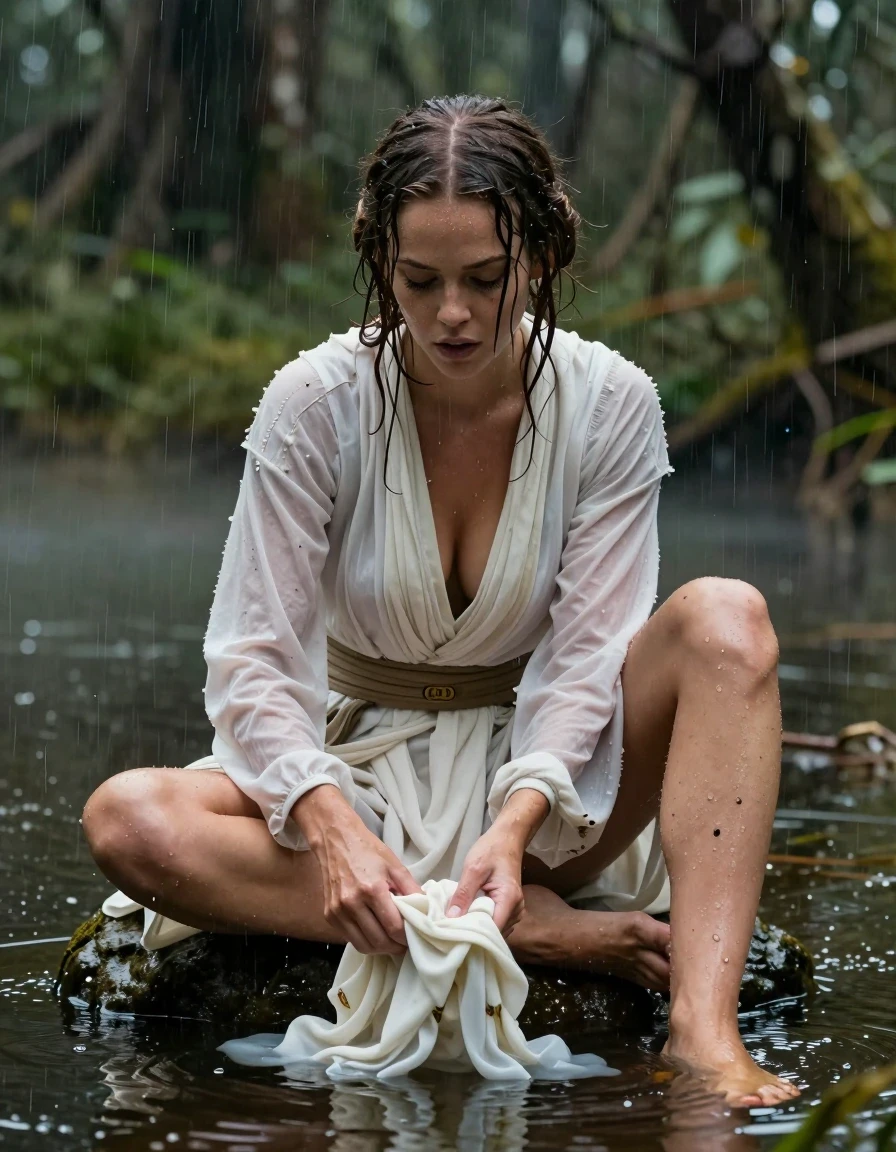 photo of young woman, in soaking wet, drenched clothes,
barefeed, star wars princess leia outfit, shallow swamp lake, witth a dark jungle in the background, Star Wars style, 
enjoying, wet clothes stuck to body,
detailed textures of the wet clothes, wet face, wet plastered hair,
wet, drenched, professional, high-quality details, full body view.
sharp focus, ultra-high pixel detail, realistic, high-quality, full colors, incredibly detailed, 4k, 8k, 16k, hyper-realistic, RAW photo, masterpiece, ultra-detailed, professionally color graded, professional photograph, a young nordic girl wears a princess leia style white outfit an princess leia hair style. she is sitting on a stone in a swamp lake and cleans her clothes wih water from the lake.  the clothes are completly drenched and dirty from the swamp. the girl wears no bra. her big breasts are visible through the seethrough Dress. on the picture ist heavy rain. wet skin, wet hair, wet clothes, damp fabric, wet skin, wet clothes, damp fabric