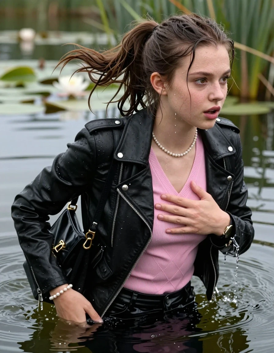 photo of young woman, in soaking wet, drenched clothes,
, , black biker leatherjacket, tight pink v-neck sweater with diamond pattern belly free, shoulderbag, pearl necklace, bracelet, wristwatch, Swimming and sinking deep into the water after diving in a lake with water lilies and reeds, 
enjoying, wet clothes stuck to body,
detailed textures of the wet clothes, wet face, wet plastered hair,
wet, drenched, professional, high-quality details, full body view.
sharp focus, ultra-high pixel detail, realistic, high-quality, full colors, incredibly detailed, 4k, 8k, 16k, hyper-realistic, RAW photo, masterpiece, ultra-detailed, professionally color graded, professional photograph, flipped ponytail

19-years-old  teenage girl

Looking at side, Whole body and shoulders are submerged under the surface. closed mouth, big eyes.

she is completely underwater up to her neck.

hold a hand over her breast.

her submerged clothes are hardly visible under water, she soaked her handbag into the water
she is completely underwater up to her neck,  surprised expression. 

her clothing is soaking wet and clinging tightly to her skin, showing heavy wet folds, darkened fabric texture, and deep water-saturated Patches, her clothes are heavy from the water, water runs from her body and her clothes in streams. A lot of water also runs out of her clothes. Her clothes are darkened by the water. Her submerged clothes are good visible under the water.  she soaked her handbag into the water.

close up view, wet skin, wet clothes, wet hair, damp fabric, water runs down the clothes, wet skin, wet clothes, damp fabric. cinematic medium shot, hyper-realistic wetness, high-contrast water sheen, sharp focus, 16k resolution, professional photography, realistic water physics., wet skin, wet clothes, damp fabric, wet skin, wet clothes, damp fabric, wet skin, wet clothes, damp fabric, wet skin, wet clothes, damp fabric, wet skin, wet clothes, damp fabric, wet skin, wet clothes, damp fabric