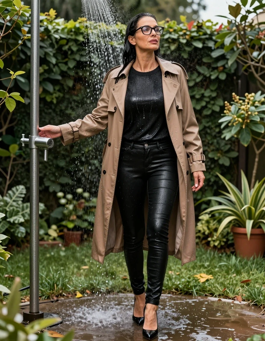 photo of young woman, in soaking wet, drenched clothes,
high-heeled shoes, long black tight leather jeans, shiny black sweater, maxi light brown trenchcoat, under the shower in sunny garden, 
enjoying, wet clothes stuck to body,
detailed textures of the wet clothes, wet face, wet plastered hair,
wet, drenched, professional, high-quality details, full body view.
sharp focus, ultra-high pixel detail, realistic, high-quality, full colors, incredibly detailed, 4k, 8k, 16k, hyper-realistic, RAW photo, masterpiece, ultra-detailed, professionally color graded, professional photograph, europen brunette skinny woman 50 years old, long dark black hair, office glasses, very big and thick lips, complete body, wet skin, wet clothes, damp fabric, wet skin, wet clothes, damp fabric, wet skin, wet clothes, damp fabric, wet skin, wet clothes, damp fabric, wet skin, wet clothes, damp fabric, wet skin, wet clothes, damp fabric, wet skin, wet clothes, damp fabric