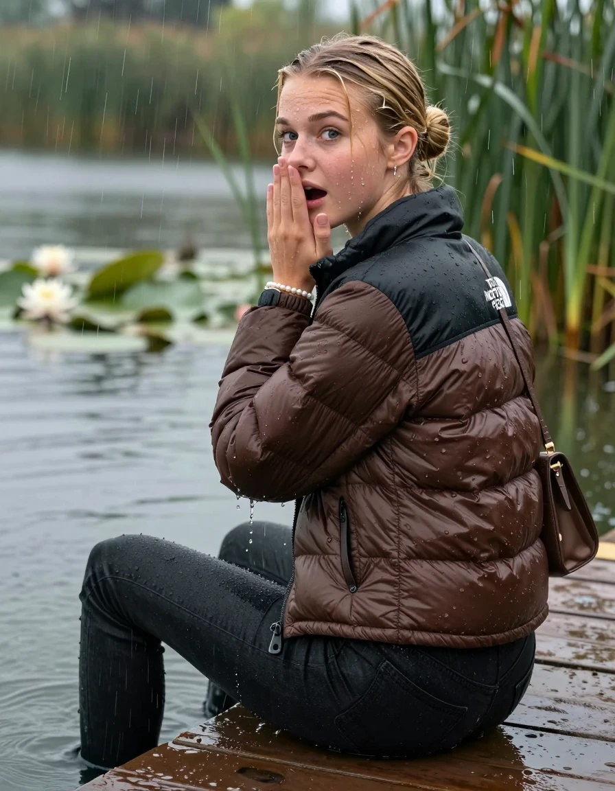 photo of young woman, in soaking wet, drenched clothes,
, Dark skinny jeans, brown north face puffer down jacket, Open jacket, tight v-neck sweater, shoulderbag, pearl necklace, bracelet, wristwatch,  jetty by the lake with water lilies and reeds, 
enjoying, wet clothes stuck to body,
detailed textures of the wet clothes, wet face, wet plastered hair,
wet, drenched, professional, high-quality details, full body view.
sharp focus, ultra-high pixel detail, realistic, high-quality, full colors, incredibly detailed, 4k, 8k, 16k, hyper-realistic, RAW photo, masterpiece, ultra-detailed, professionally color graded, professional photograph, A realistic vertical fashion photograph taken from a backward, behind-the-back angle of a 15-year-old teenage girl sitting on a jetty by the lake after diving in the water, facing to the camera to show her back. She is tilting her head at camera, letting the water drench her hair so it is glued flat against her head and body. She has two blonde sleek bun , completely saturated and dripping wet hair, with water cascading down her face and neck. Afraid and astonished expression. cover her mouth with her hands. open mouth, big eyes. The lighting is bright and cinematic, highlighting the glistening water droplets on her skin and the saturated texture of her  casual clothes. Heavy rain is visible falling against her. Soft, moody indoor lighting with reflections on the water. High-quality fashion photography style.
her clothing is soaking wet and clinging tightly to her skin, showing heavy wet folds, darkened fabric texture, and deep water-saturated Patches, her clothes are heavy from the water, water runs from her body and her clothes in streams. A lot of water also runs out of her clothes. Her clothes are darkened by the water. 
hyper-realistic wetness, high-contrast water sheen, sharp focus, 16k resolution, professional photography, realistic water physics., wet skin, wet clothes, damp fabric, wet skin, wet clothes, damp fabric, wet skin, wet clothes, damp fabric, wet skin, wet clothes, damp fabric, wet skin, wet clothes, damp fabric, wet skin, wet clothes, damp fabric, wet skin, wet clothes, damp fabric, wet skin, wet clothes, damp fabric, wet skin, wet clothes, damp fabric, wet skin, wet clothes, damp fabric, wet skin, wet clothes, damp fabric, wet skin, wet clothes, damp fabric, wet skin, wet clothes, damp fabric, wet skin, wet clothes, damp fabric, wet skin, wet clothes, damp fabric, wet skin, wet clothes, damp fabric, wet skin, wet clothes, damp fabric, wet skin, wet clothes, damp fabric, wet skin, wet clothes, damp fabric