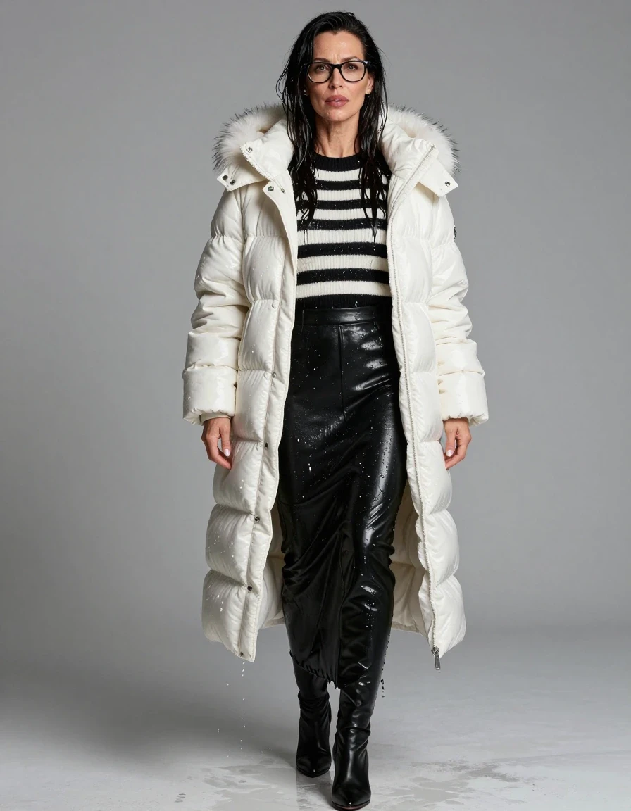 photo of young woman, in soaking wet, drenched clothes,
high-heeled boots, shiny black leather maxi skirt, shiny black & white striped sweater, maxi shiny white down jacket with fur, after shower, enjoying wet clothes stuck body, enjoying, wet clothes stuck to body, 
enjoying, wet clothes stuck to body,
detailed textures of the wet clothes, wet face, wet plastered hair,
wet, drenched, professional, high-quality details, full body view.
sharp focus, ultra-high pixel detail, realistic, high-quality, full colors, incredibly detailed, 4k, 8k, 16k, hyper-realistic, RAW photo, masterpiece, ultra-detailed, professionally color graded, professional photograph, europen brunette skinny woman 50 years old, long dark black hair, office glasses, very big and thick lips, complete body, wet skin, wet clothes, damp fabric, wet skin, wet clothes, damp fabric, wet skin, wet clothes, damp fabric, wet skin, wet clothes, damp fabric, wet skin, wet clothes, damp fabric, wet skin, wet clothes, damp fabric, wet skin, wet clothes, damp fabric