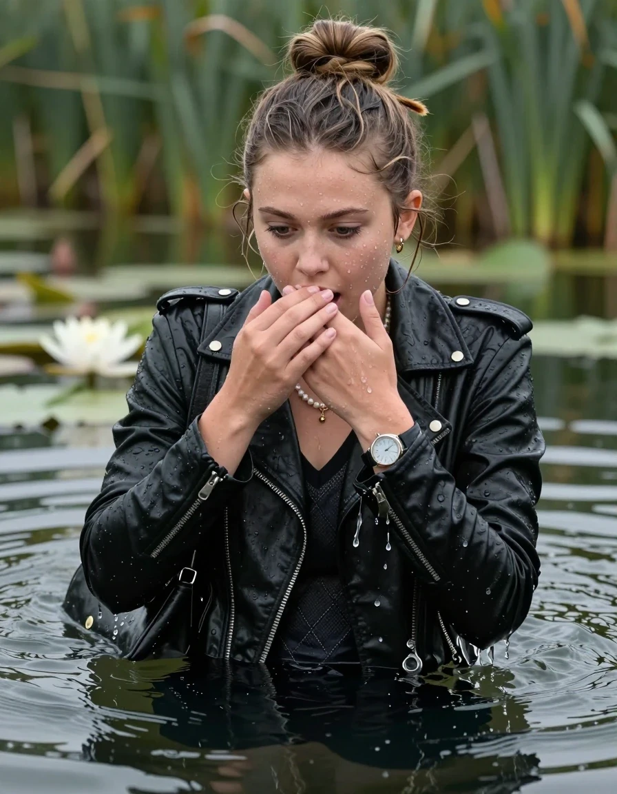 photo of young woman, in soaking wet, drenched clothes,
, , black biker leatherjacket,  closed jacket, tight v-neck sweater with diamond pattern belly free, shoulderbag, pearl necklace, bracelet, wristwatch, Swimming and sinking deep into the water after diving in a lake with water lilies and reeds, 
enjoying, wet clothes stuck to body,
detailed textures of the wet clothes, wet face, wet plastered hair,
wet, drenched, professional, high-quality details, full body view.
sharp focus, ultra-high pixel detail, realistic, high-quality, full colors, incredibly detailed, 4k, 8k, 16k, hyper-realistic, RAW photo, masterpiece, ultra-detailed, professionally color graded, professional photograph, half-up with a topknot

15 years old  teenage girl

Looking down, Whole body and shoulders are submerged under the surface. open mouth, big eyes.

she is completely underwater up to her neck.

hold a hand over her mouth.

her submerged clothes are hardly visible under water, she soaked her handbag into the water
she is completely underwater up to her neck, shocked and astonished expression. 

her clothing is soaking wet and clinging tightly to her skin, showing heavy wet folds, darkened fabric texture, and deep water-saturated Patches, her clothes are heavy from the water, water runs from her body and her clothes in streams. A lot of water also runs out of her clothes. Her clothes are darkened by the water. Her submerged clothes are good visible under the water.  she soaked her handbag into the water.

close up view, wet skin, wet clothes, wet hair, damp fabric, water runs down the clothes, wet skin, wet clothes, damp fabric. cinematic medium shot, hyper-realistic wetness, high-contrast water sheen, sharp focus, 16k resolution, professional photography, realistic water physics., wet skin, wet clothes, damp fabric, wet skin, wet clothes, damp fabric, wet skin, wet clothes, damp fabric, wet skin, wet clothes, damp fabric, wet skin, wet clothes, damp fabric