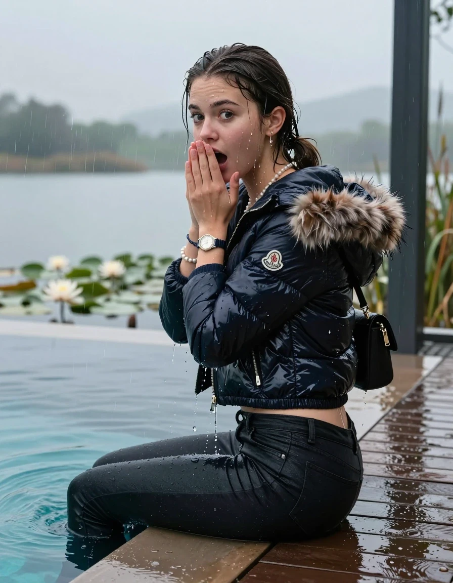 photo of young woman, in soaking wet, drenched clothes,
, Dark levis skinny jeans, Moncler shiny puffer down jacket with fur, Open jacket, tight v-neck sweater, shoulderbag, pearl necklace, bracelet, wristwatch, Orgasm in jetty by the lake with water lilies and reedsk, 
enjoying, wet clothes stuck to body,
detailed textures of the wet clothes, wet face, wet plastered hair,
wet, drenched, professional, high-quality details, full body view.
sharp focus, ultra-high pixel detail, realistic, high-quality, full colors, incredibly detailed, 4k, 8k, 16k, hyper-realistic, RAW photo, masterpiece, ultra-detailed, professionally color graded, professional photograph, A realistic vertical fashion photograph taken from a backward, behind-the-back angle of a 15-year-old teenage girl sitting  in a glass-walled outdoor swimming pool, facing down to the camera to show her back. She is tilting her head at camera, letting the water drench her hair so it is glued flat against her head and body. She has a Sleek flipped ponytail, completely saturated and dripping wet hair, with water cascading down her face and neck. Afraid and astonished expression. cover her mouth with her hands. open mouth, big eyes. The lighting is bright and cinematic, highlighting the glistening water droplets on her skin and the saturated texture of her  casual clothes. Outside the large glass wall of the pool building, heavy rain is visible falling against the window. Soft, moody indoor lighting with reflections on the water. High-quality fashion photography style.
her clothing is soaking wet and clinging tightly to her skin, showing heavy wet folds, darkened fabric texture, and deep water-saturated Patches, her clothes are heavy from the water, water runs from her body and her clothes in streams. A lot of water also runs out of her clothes. Her clothes are darkened by the water. 
hyper-realistic wetness, high-contrast water sheen, sharp focus, 16k resolution, professional photography, realistic water physics., wet skin, wet clothes, damp fabric, wet skin, wet clothes, damp fabric, wet skin, wet clothes, damp fabric, wet skin, wet clothes, damp fabric, wet skin, wet clothes, damp fabric, wet skin, wet clothes, damp fabric, wet skin, wet clothes, damp fabric, wet skin, wet clothes, damp fabric, wet skin, wet clothes, damp fabric, wet skin, wet clothes, damp fabric, wet skin, wet clothes, damp fabric, wet skin, wet clothes, damp fabric, wet skin, wet clothes, damp fabric, wet skin, wet clothes, damp fabric, wet skin, wet clothes, damp fabric, wet skin, wet clothes, damp fabric, wet skin, wet clothes, damp fabric, wet skin, wet clothes, damp fabric, wet skin, wet clothes, damp fabric, wet skin, wet clothes, damp fabric