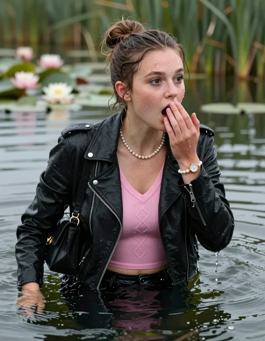 photo of young woman, in soaking wet, drenched clothes,
, , black biker leatherjacket, tight pink v-neck sweater with diamond pattern belly free, shoulderbag, pearl necklace, bracelet, wristwatch, Swimming and sinking deep into the water after diving in a lake with water lilies and reeds, 
enjoying, wet clothes stuck to body,
detailed textures of the wet clothes, wet face, wet plastered hair,
wet, drenched, professional, high-quality details, full body view.
sharp focus, ultra-high pixel detail, realistic, high-quality, full colors, incredibly detailed, 4k, 8k, 16k, hyper-realistic, RAW photo, masterpiece, ultra-detailed, professionally color graded, professional photograph, half-up with a topknot

19-years-old  teenage girl

Looking at side, Whole body and shoulders are submerged under the surface. open mouth, big eyes.

she is completely underwater up to her neck.

hold a hand over her mouth.

her submerged clothes are hardly visible under water, she soaked her handbag into the water
she is completely underwater up to her neck, frightened and astonished expression. 

her clothing is soaking wet and clinging tightly to her skin, showing heavy wet folds, darkened fabric texture, and deep water-saturated Patches, her clothes are heavy from the water, water runs from her body and her clothes in streams. A lot of water also runs out of her clothes. Her clothes are darkened by the water. Her submerged clothes are good visible under the water.  she soaked her handbag into the water.

close up view, wet skin, wet clothes, wet hair, damp fabric, water runs down the clothes, wet skin, wet clothes, damp fabric. cinematic medium shot, hyper-realistic wetness, high-contrast water sheen, sharp focus, 16k resolution, professional photography, realistic water physics., wet skin, wet clothes, damp fabric, wet skin, wet clothes, damp fabric, wet skin, wet clothes, damp fabric, wet skin, wet clothes, damp fabric, wet skin, wet clothes, damp fabric