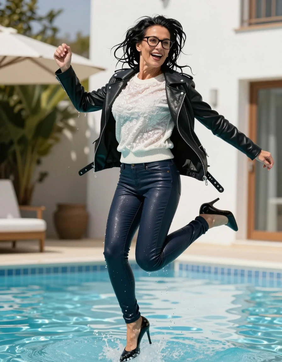 photo of young woman, in soaking wet, drenched clothes,
high-heeled shoes, long dark blue tight leather jeans, shiny white floral sweater, maxi black leather byker jacket, jumping after bath in sunny pool, 
enjoying, wet clothes stuck to body,
detailed textures of the wet clothes, wet face, wet plastered hair,
wet, drenched, professional, high-quality details, full body view.
sharp focus, ultra-high pixel detail, realistic, high-quality, full colors, incredibly detailed, 4k, 8k, 16k, hyper-realistic, RAW photo, masterpiece, ultra-detailed, professionally color graded, professional photograph, europen brunette skinny woman 50 years old, long dark black hair, office glasses, very big and thick lips, complete body, wet skin, wet clothes, damp fabric, wet skin, wet clothes, damp fabric, wet skin, wet clothes, damp fabric, wet skin, wet clothes, damp fabric, wet skin, wet clothes, damp fabric, wet skin, wet clothes, damp fabric, wet skin, wet clothes, damp fabric