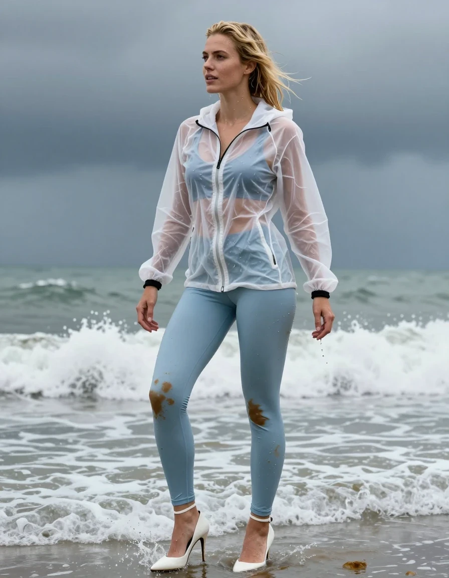 photo of young woman, in soaking wet, drenched clothes,
Strappy white stilettos, Dirty pale blue leggings , Transparent White ski jacket , Standing in the surf, 
enjoying, wet clothes stuck to body,
detailed textures of the wet clothes, wet face, wet plastered hair,
wet, drenched, professional, high-quality details, full body view.
sharp focus, ultra-high pixel detail, realistic, high-quality, full colors, incredibly detailed, 4k, 8k, 16k, hyper-realistic, RAW photo, masterpiece, ultra-detailed, professionally color graded, professional photograph, Blonde, in thunder storm, wet skin, wet clothes, wet skin, wet clothes, damp fabric