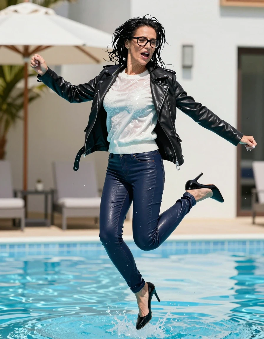 photo of young woman, in soaking wet, drenched clothes,
high-heeled shoes, long dark blue tight leather jeans, shiny white floral sweater, maxi black leather byker jacket, jumping after bath in sunny pool, 
enjoying, wet clothes stuck to body,
detailed textures of the wet clothes, wet face, wet plastered hair,
wet, drenched, professional, high-quality details, full body view.
sharp focus, ultra-high pixel detail, realistic, high-quality, full colors, incredibly detailed, 4k, 8k, 16k, hyper-realistic, RAW photo, masterpiece, ultra-detailed, professionally color graded, professional photograph, europen brunette skinny woman 50 years old, long dark black hair, office glasses, very big and thick lips, complete body, wet skin, wet clothes, damp fabric, wet skin, wet clothes, damp fabric, wet skin, wet clothes, damp fabric, wet skin, wet clothes, damp fabric, wet skin, wet clothes, damp fabric, wet skin, wet clothes, damp fabric, wet skin, wet clothes, damp fabric