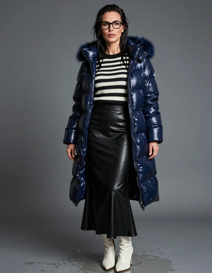 photo of young woman, in soaking wet, drenched clothes,
high-heeled white boots, black leather flared maxi skirt, shiny black & white striped sweater, maxi shiny dark blue down jacket with fur, after shower, enjoying wet clothes stuck body, enjoying, wet clothes stuck to body, 
enjoying, wet clothes stuck to body,
detailed textures of the wet clothes, wet face, wet plastered hair,
wet, drenched, professional, high-quality details, full body view.
sharp focus, ultra-high pixel detail, realistic, high-quality, full colors, incredibly detailed, 4k, 8k, 16k, hyper-realistic, RAW photo, masterpiece, ultra-detailed, professionally color graded, professional photograph, europen brunette skinny woman 50 years old, long dark black hair, office glasses, very big and thick lips, complete body, wet skin, wet clothes, damp fabric, wet skin, wet clothes, damp fabric, wet skin, wet clothes, damp fabric, wet skin, wet clothes, damp fabric, wet skin, wet clothes, damp fabric, wet skin, wet clothes, damp fabric, wet skin, wet clothes, damp fabric