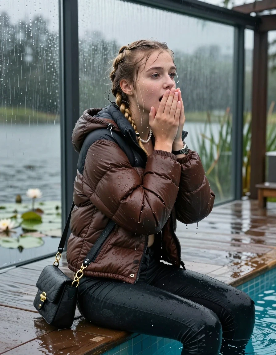 photo of young woman, in soaking wet, drenched clothes,
, Dark skinny jeans, brown north face puffer down jacket, Open jacket, tight v-neck sweater, shoulderbag, pearl necklace, bracelet, wristwatch, Orgasm in jetty by the lake with water lilies and reeds, 
enjoying, wet clothes stuck to body,
detailed textures of the wet clothes, wet face, wet plastered hair,
wet, drenched, professional, high-quality details, full body view.
sharp focus, ultra-high pixel detail, realistic, high-quality, full colors, incredibly detailed, 4k, 8k, 16k, hyper-realistic, RAW photo, masterpiece, ultra-detailed, professionally color graded, professional photograph, A realistic vertical fashion photograph taken from a backward, behind-the-back angle of a 15-year-old teenage girl sitting  in a glass-walled outdoor swimming pool, facing to the camera to show her back. She is tilting her head at camera, letting the water drench her hair so it is glued flat against her head and body. She has two blonde long braids , completely saturated and dripping wet hair, with water cascading down her face and neck. Afraid and astonished expression. cover her mouth with her hands. open mouth, big eyes. The lighting is bright and cinematic, highlighting the glistening water droplets on her skin and the saturated texture of her  casual clothes. Outside the large glass wall of the pool building, heavy rain is visible falling against the window. Soft, moody indoor lighting with reflections on the water. High-quality fashion photography style.
her clothing is soaking wet and clinging tightly to her skin, showing heavy wet folds, darkened fabric texture, and deep water-saturated Patches, her clothes are heavy from the water, water runs from her body and her clothes in streams. A lot of water also runs out of her clothes. Her clothes are darkened by the water. 
hyper-realistic wetness, high-contrast water sheen, sharp focus, 16k resolution, professional photography, realistic water physics., wet skin, wet clothes, damp fabric, wet skin, wet clothes, damp fabric, wet skin, wet clothes, damp fabric, wet skin, wet clothes, damp fabric, wet skin, wet clothes, damp fabric, wet skin, wet clothes, damp fabric, wet skin, wet clothes, damp fabric, wet skin, wet clothes, damp fabric, wet skin, wet clothes, damp fabric, wet skin, wet clothes, damp fabric, wet skin, wet clothes, damp fabric, wet skin, wet clothes, damp fabric, wet skin, wet clothes, damp fabric, wet skin, wet clothes, damp fabric, wet skin, wet clothes, damp fabric, wet skin, wet clothes, damp fabric, wet skin, wet clothes, damp fabric, wet skin, wet clothes, damp fabric, wet skin, wet clothes, damp fabric