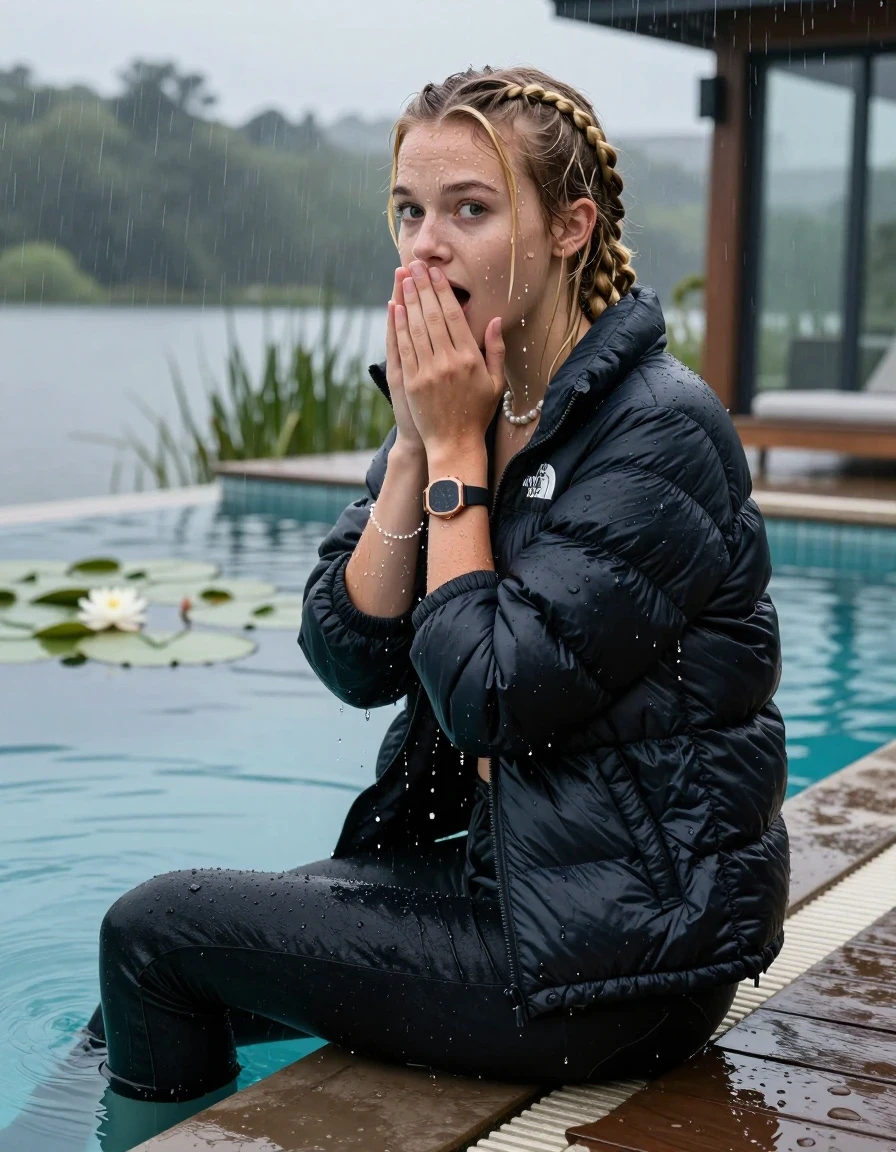 photo of young woman, in soaking wet, drenched clothes,
, Dark skinny jeans, north face puffer down jacket, Open jacket, tight v-neck sweater, shoulderbag, pearl necklace, bracelet, wristwatch, Orgasm in jetty by the lake with water lilies and reeds, 
enjoying, wet clothes stuck to body,
detailed textures of the wet clothes, wet face, wet plastered hair,
wet, drenched, professional, high-quality details, full body view.
sharp focus, ultra-high pixel detail, realistic, high-quality, full colors, incredibly detailed, 4k, 8k, 16k, hyper-realistic, RAW photo, masterpiece, ultra-detailed, professionally color graded, professional photograph, A realistic vertical fashion photograph taken from a backward, behind-the-back angle of a 15-year-old teenage girl sitting  in a glass-walled outdoor swimming pool, facing down to the camera to show her back. She is tilting her head at camera, letting the water drench her hair so it is glued flat against her head and body. She has two blonde long braids , completely saturated and dripping wet hair, with water cascading down her face and neck. Afraid and astonished expression. cover her mouth with her hands. open mouth, big eyes. The lighting is bright and cinematic, highlighting the glistening water droplets on her skin and the saturated texture of her  casual clothes. Outside the large glass wall of the pool building, heavy rain is visible falling against the window. Soft, moody indoor lighting with reflections on the water. High-quality fashion photography style.
her clothing is soaking wet and clinging tightly to her skin, showing heavy wet folds, darkened fabric texture, and deep water-saturated Patches, her clothes are heavy from the water, water runs from her body and her clothes in streams. A lot of water also runs out of her clothes. Her clothes are darkened by the water. 
hyper-realistic wetness, high-contrast water sheen, sharp focus, 16k resolution, professional photography, realistic water physics., wet skin, wet clothes, damp fabric, wet skin, wet clothes, damp fabric, wet skin, wet clothes, damp fabric, wet skin, wet clothes, damp fabric, wet skin, wet clothes, damp fabric, wet skin, wet clothes, damp fabric, wet skin, wet clothes, damp fabric, wet skin, wet clothes, damp fabric, wet skin, wet clothes, damp fabric, wet skin, wet clothes, damp fabric, wet skin, wet clothes, damp fabric, wet skin, wet clothes, damp fabric, wet skin, wet clothes, damp fabric, wet skin, wet clothes, damp fabric, wet skin, wet clothes, damp fabric, wet skin, wet clothes, damp fabric, wet skin, wet clothes, damp fabric, wet skin, wet clothes, damp fabric, wet skin, wet clothes, damp fabric, wet skin, wet clothes, damp fabric