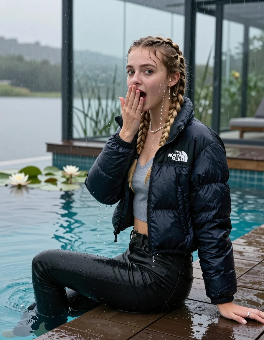 photo of young woman, in soaking wet, drenched clothes,
, Dark skinny jeans, north face puffer down jacket, Open jacket, tight v-neck sweater, shoulderbag, pearl necklace, bracelet, wristwatch, Orgasm in jetty by the lake with water lilies and reeds, 
enjoying, wet clothes stuck to body,
detailed textures of the wet clothes, wet face, wet plastered hair,
wet, drenched, professional, high-quality details, full body view.
sharp focus, ultra-high pixel detail, realistic, high-quality, full colors, incredibly detailed, 4k, 8k, 16k, hyper-realistic, RAW photo, masterpiece, ultra-detailed, professionally color graded, professional photograph, A realistic vertical fashion photograph taken from a backward, behind-the-back angle of a 15-year-old teenage girl sitting  in a glass-walled outdoor swimming pool, facing to the camera to show her back. She is tilting her head at camera, letting the water drench her hair so it is glued flat against her head and body. She has two blonde long braids , completely saturated and dripping wet hair, with water cascading down her face and neck. Afraid and astonished expression. cover her mouth with her hands. open mouth, big eyes. The lighting is bright and cinematic, highlighting the glistening water droplets on her skin and the saturated texture of her  casual clothes. Outside the large glass wall of the pool building, heavy rain is visible falling against the window. Soft, moody indoor lighting with reflections on the water. High-quality fashion photography style.
her clothing is soaking wet and clinging tightly to her skin, showing heavy wet folds, darkened fabric texture, and deep water-saturated Patches, her clothes are heavy from the water, water runs from her body and her clothes in streams. A lot of water also runs out of her clothes. Her clothes are darkened by the water. 
hyper-realistic wetness, high-contrast water sheen, sharp focus, 16k resolution, professional photography, realistic water physics., wet skin, wet clothes, damp fabric, wet skin, wet clothes, damp fabric, wet skin, wet clothes, damp fabric, wet skin, wet clothes, damp fabric, wet skin, wet clothes, damp fabric, wet skin, wet clothes, damp fabric, wet skin, wet clothes, damp fabric, wet skin, wet clothes, damp fabric, wet skin, wet clothes, damp fabric, wet skin, wet clothes, damp fabric, wet skin, wet clothes, damp fabric, wet skin, wet clothes, damp fabric, wet skin, wet clothes, damp fabric, wet skin, wet clothes, damp fabric, wet skin, wet clothes, damp fabric, wet skin, wet clothes, damp fabric, wet skin, wet clothes, damp fabric, wet skin, wet clothes, damp fabric, wet skin, wet clothes, damp fabric, wet skin, wet clothes, damp fabric