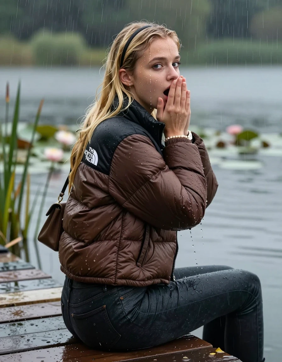 photo of young woman, in soaking wet, drenched clothes,
, tight Dark skinny jeans, brown north face puffer down jacket, Open jacket, tight v-neck sweater, shoulderbag, pearl necklace, bracelet, wristwatch,  jetty by the lake with water lilies and reeds, 
enjoying, wet clothes stuck to body,
detailed textures of the wet clothes, wet face, wet plastered hair,
wet, drenched, professional, high-quality details, full body view.
sharp focus, ultra-high pixel detail, realistic, high-quality, full colors, incredibly detailed, 4k, 8k, 16k, hyper-realistic, RAW photo, masterpiece, ultra-detailed, professionally color graded, professional photograph, A realistic vertical fashion photograph taken from a backward, behind-the-back angle of a 18-year-old teenage girl sitting on a jetty by the lake after diving in the water, facing to the camera to show her back. She is tilting her head at camera, letting the water drench her hair so it is glued flat against her head and body. She has two blonde sleek very long straight hair with hairband  , completely saturated and dripping wet hair, with water cascading down her face and neck. Afraid and astonished expression. cover her mouth with her hands. open mouth, big eyes. The lighting is bright and cinematic, highlighting the glistening water droplets on her clothes and the saturated texture of her  casual clothes. Heavy rain is visible falling against her. Soft, moody indoor lighting with reflections on the water. High-quality fashion photography style.
her clothing is soaking wet and clinging tightly to her skin, showing heavy wet folds, darkened fabric texture, and deep water-saturated Patches, her clothes are heavy from the water, water runs from her body and her clothes in streams. A lot of water also runs out of her clothes. Her clothes are darkened by the water. 
hyper-realistic wetness, high-contrast water sheen, sharp focus, 16k resolution, professional photography, realistic water physics., wet skin, wet clothes, damp fabric, wet skin, wet clothes, damp fabric, wet skin, wet clothes, damp fabric, wet skin, wet clothes, damp fabric, wet skin, wet clothes, damp fabric, wet skin, wet clothes, damp fabric, wet skin, wet clothes, damp fabric, wet skin, wet clothes, damp fabric, wet skin, wet clothes, damp fabric, wet skin, wet clothes, damp fabric, wet skin, wet clothes, damp fabric, wet skin, wet clothes, damp fabric, wet skin, wet clothes, damp fabric, wet skin, wet clothes, damp fabric, wet skin, wet clothes, damp fabric, wet skin, wet clothes, damp fabric, wet skin, wet clothes, damp fabric, wet skin, wet clothes, damp fabric, wet skin, wet clothes, damp fabric, wet skin, wet clothes, damp fabric, wet skin, wet clothes, damp fabric