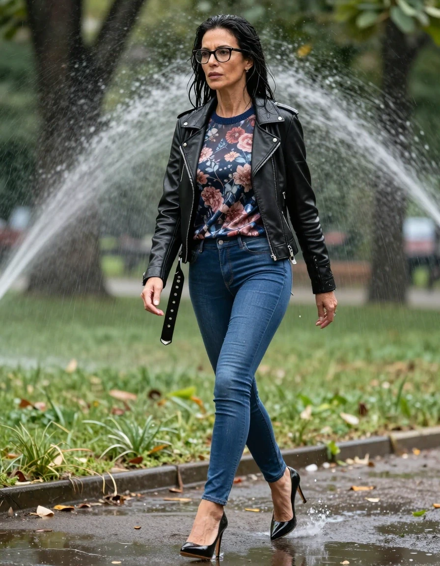 photo of young woman, in soaking wet, drenched clothes,
high-heeled shoes, long blue tight leather jeans, shiny floral sweater, maxi black leather byker jacket, walking in sunny park under sprinklers, 
enjoying, wet clothes stuck to body,
detailed textures of the wet clothes, wet face, wet plastered hair,
wet, drenched, professional, high-quality details, full body view.
sharp focus, ultra-high pixel detail, realistic, high-quality, full colors, incredibly detailed, 4k, 8k, 16k, hyper-realistic, RAW photo, masterpiece, ultra-detailed, professionally color graded, professional photograph, europen brunette skinny woman 50 years old, long dark black hair, office glasses, very big and thick lips, complete body, wet skin, wet clothes, damp fabric, wet skin, wet clothes, damp fabric, wet skin, wet clothes, damp fabric, wet skin, wet clothes, damp fabric, wet skin, wet clothes, damp fabric, wet skin, wet clothes, damp fabric, wet skin, wet clothes, damp fabric