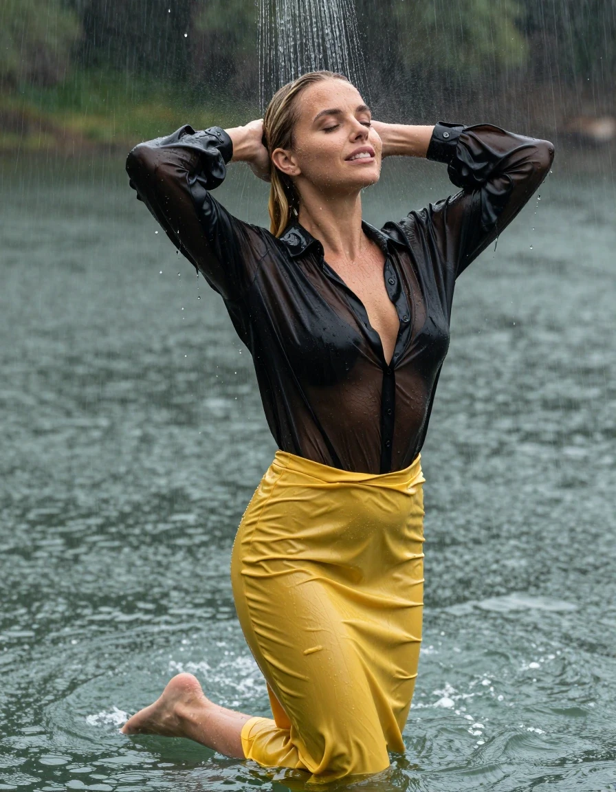 photo of young woman, in soaking wet, drenched clothes,
pumps, dark yellow slim floor-length satin skirt, see-through, black satin oversized long blouse, see-through, kein BH, lake, heavy rain, 
enjoying, wet clothes stuck to body,
detailed textures of the wet clothes, wet face, wet plastered hair,
wet, drenched, professional, high-quality details, full body view.
sharp focus, ultra-high pixel detail, realistic, high-quality, full colors, incredibly detailed, 4k, 8k, 16k, hyper-realistic, RAW photo, masterpiece, ultra-detailed, professionally color graded, professional photograph, blond hair, pool shower, collar, long sleeves, buttoned, wet hair, long hair, soaking wet blouse,  full body view,  side view, drenched clothes, shower, wet skin, wet clothes, soaking wet fabric, pouring water on head,
kein BH, sichtbare Brüste, im wasser liegen, smiling, wet skin, wet clothes, damp fabric