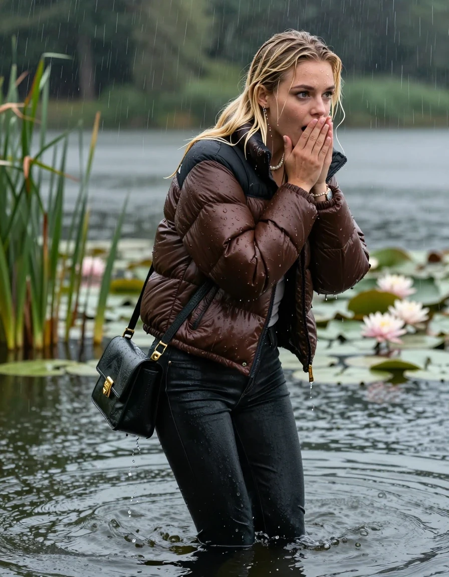 photo of young woman, in soaking wet, drenched clothes,
, tight Dark skinny jeans, brown north face puffer down jacket, Open jacket, tight v-neck sweater, shoulderbag, pearl necklace, bracelet, wristwatch,  lake with water lilies and reeds, 
enjoying, wet clothes stuck to body,
detailed textures of the wet clothes, wet face, wet plastered hair,
wet, drenched, professional, high-quality details, full body view.
sharp focus, ultra-high pixel detail, realistic, high-quality, full colors, incredibly detailed, 4k, 8k, 16k, hyper-realistic, RAW photo, masterpiece, ultra-detailed, professionally color graded, professional photograph, A realistic vertical fashion photograph taken from a backward, behind-the-back angle of a 18-year-old teenage girl take a dip in the lake after diving in the water, facing to the camera to show her back. She is tilting her head at camera, letting the water drench her hair so it is glued flat against her head and body. She has two blonde sleek very long straight hair, completely saturated and dripping wet hair, with water cascading down her face and neck. Afraid and astonished expression. cover her mouth with her hands. open mouth, big eyes. The lighting is bright and cinematic, highlighting the glistening water droplets on her clothes and the saturated texture of her  casual clothes. Heavy rain is visible falling against her. She soaked her handbag in the water. Soft, moody indoor lighting with reflections on the water. High-quality fashion photography style.
her clothing is soaking wet and clinging tightly to her skin, showing heavy wet folds, darkened fabric texture, and deep water-saturated Patches, her clothes are heavy from the water, water runs from her body and her clothes in streams. A lot of water also runs out of her clothes. Her clothes are darkened by the water. 
hyper-realistic wetness, high-contrast water sheen, sharp focus, 16k resolution, professional photography, realistic water physics., wet skin, wet clothes, damp fabric, wet skin, wet clothes, damp fabric, wet skin, wet clothes, damp fabric, wet skin, wet clothes, damp fabric, wet skin, wet clothes, damp fabric, wet skin, wet clothes, damp fabric, wet skin, wet clothes, damp fabric, wet skin, wet clothes, damp fabric, wet skin, wet clothes, damp fabric, wet skin, wet clothes, damp fabric, wet skin, wet clothes, damp fabric, wet skin, wet clothes, damp fabric, wet skin, wet clothes, damp fabric, wet skin, wet clothes, damp fabric, wet skin, wet clothes, damp fabric, wet skin, wet clothes, damp fabric, wet skin, wet clothes, damp fabric, wet skin, wet clothes, damp fabric, wet skin, wet clothes, damp fabric, wet skin, wet clothes, damp fabric, wet skin, wet clothes, damp fabric