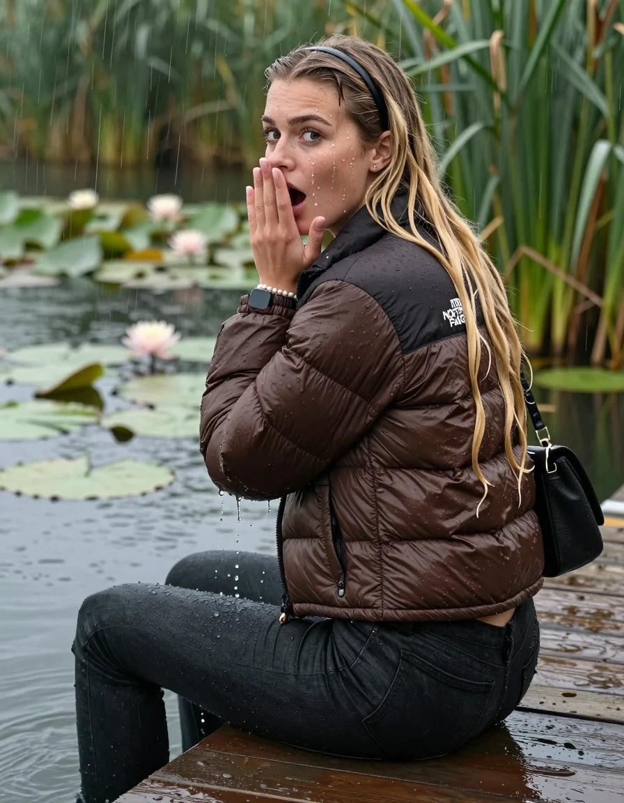 photo of young woman, in soaking wet, drenched clothes,
, tight Dark skinny jeans, brown north face puffer down jacket, Open jacket, tight v-neck sweater, shoulderbag, pearl necklace, bracelet, wristwatch,  jetty by the lake with water lilies and reeds, 
enjoying, wet clothes stuck to body,
detailed textures of the wet clothes, wet face, wet plastered hair,
wet, drenched, professional, high-quality details, full body view.
sharp focus, ultra-high pixel detail, realistic, high-quality, full colors, incredibly detailed, 4k, 8k, 16k, hyper-realistic, RAW photo, masterpiece, ultra-detailed, professionally color graded, professional photograph, A realistic vertical fashion photograph taken from a backward, behind-the-back angle of a 18-year-old teenage girl sitting on a jetty by the lake after diving in the water, facing to the camera to show her back. She is tilting her head at camera, letting the water drench her hair so it is glued flat against her head and body. She has two blonde sleek very long straight hair with hairband  , completely saturated and dripping wet hair, with water cascading down her face and neck. Afraid and astonished expression. cover her mouth with her hands. open mouth, big eyes. The lighting is bright and cinematic, highlighting the glistening water droplets on her skin and the saturated texture of her  casual clothes. Heavy rain is visible falling against her. Soft, moody indoor lighting with reflections on the water. High-quality fashion photography style.
her clothing is soaking wet and clinging tightly to her skin, showing heavy wet folds, darkened fabric texture, and deep water-saturated Patches, her clothes are heavy from the water, water runs from her body and her clothes in streams. A lot of water also runs out of her clothes. Her clothes are darkened by the water. 
hyper-realistic wetness, high-contrast water sheen, sharp focus, 16k resolution, professional photography, realistic water physics., wet skin, wet clothes, damp fabric, wet skin, wet clothes, damp fabric, wet skin, wet clothes, damp fabric, wet skin, wet clothes, damp fabric, wet skin, wet clothes, damp fabric, wet skin, wet clothes, damp fabric, wet skin, wet clothes, damp fabric, wet skin, wet clothes, damp fabric, wet skin, wet clothes, damp fabric, wet skin, wet clothes, damp fabric, wet skin, wet clothes, damp fabric, wet skin, wet clothes, damp fabric, wet skin, wet clothes, damp fabric, wet skin, wet clothes, damp fabric, wet skin, wet clothes, damp fabric, wet skin, wet clothes, damp fabric, wet skin, wet clothes, damp fabric, wet skin, wet clothes, damp fabric, wet skin, wet clothes, damp fabric